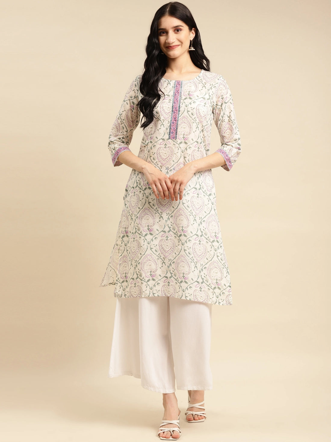 Buy 100% Cotton Contrast Placket Floral Printed Knee Length Straight Kurta-Off White