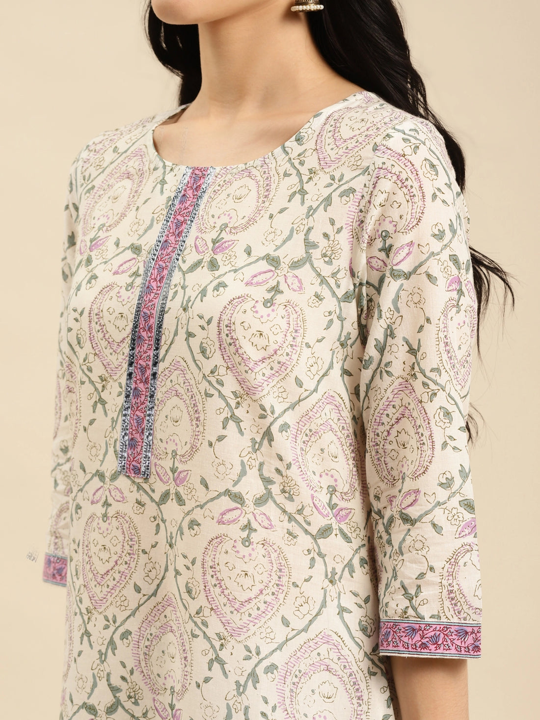 Buy 100% Cotton Contrast Placket Floral Printed Knee Length Straight Kurta-Off White