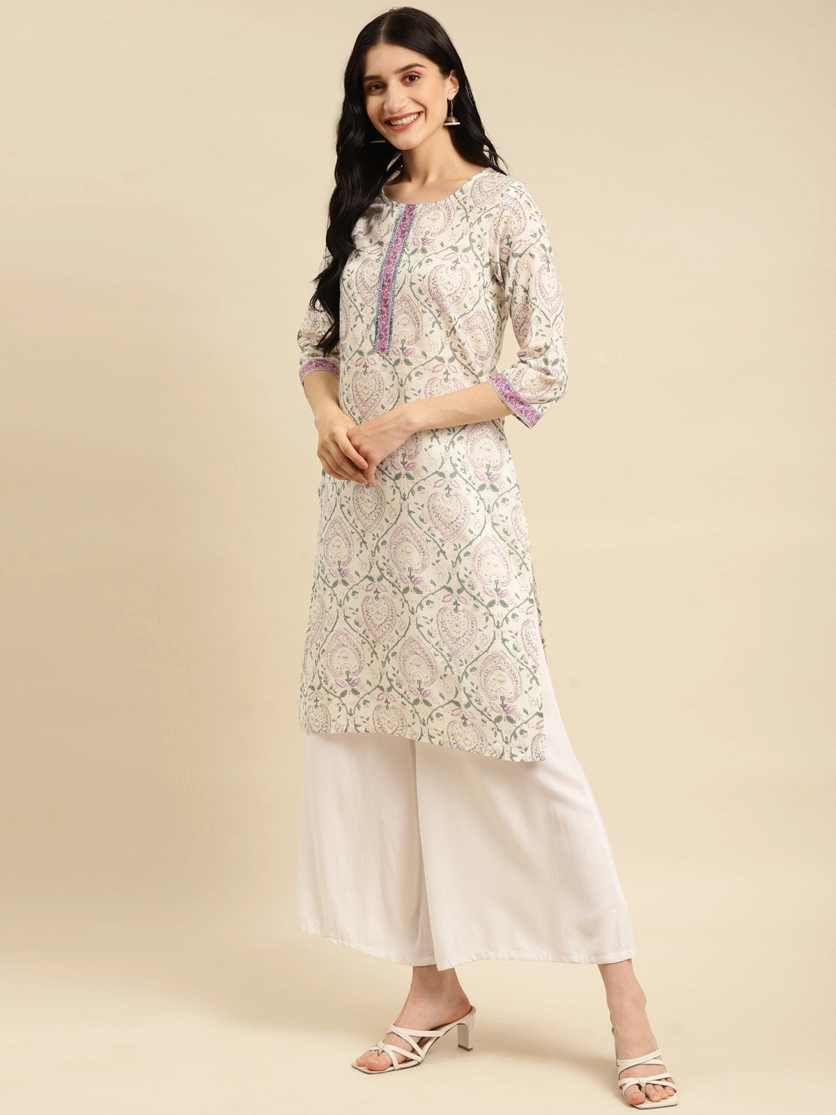 Buy 100% Cotton Contrast Placket Floral Printed Knee Length Straight Kurta-Off White