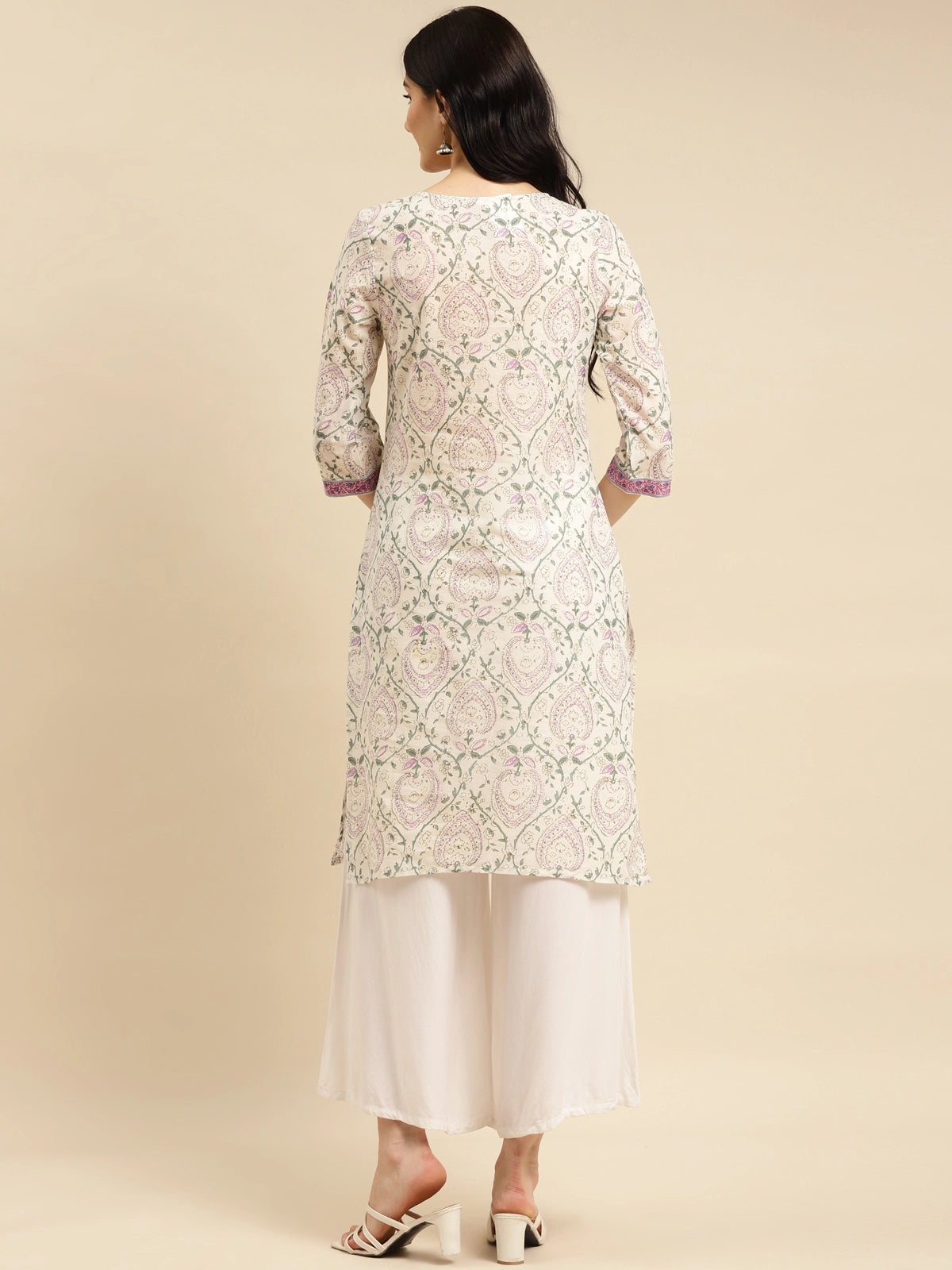 Buy 100% Cotton Contrast Placket Floral Printed Knee Length Straight Kurta-Off White