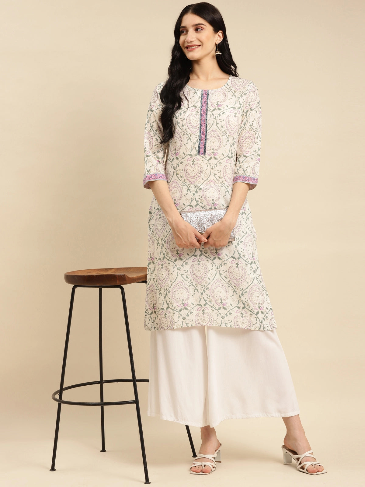 Buy 100% Cotton Contrast Placket Floral Printed Knee Length Straight Kurta-Off White