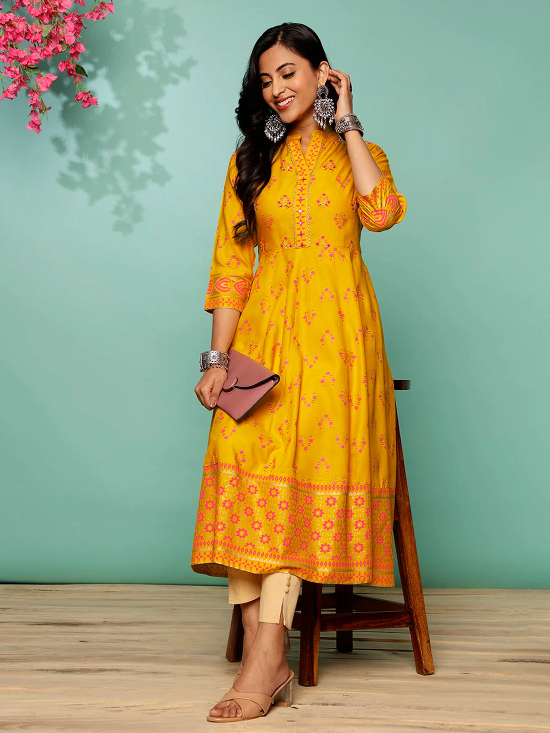 Buy Rayon Embellished Calf Length Anarkali Kurta-Yellow