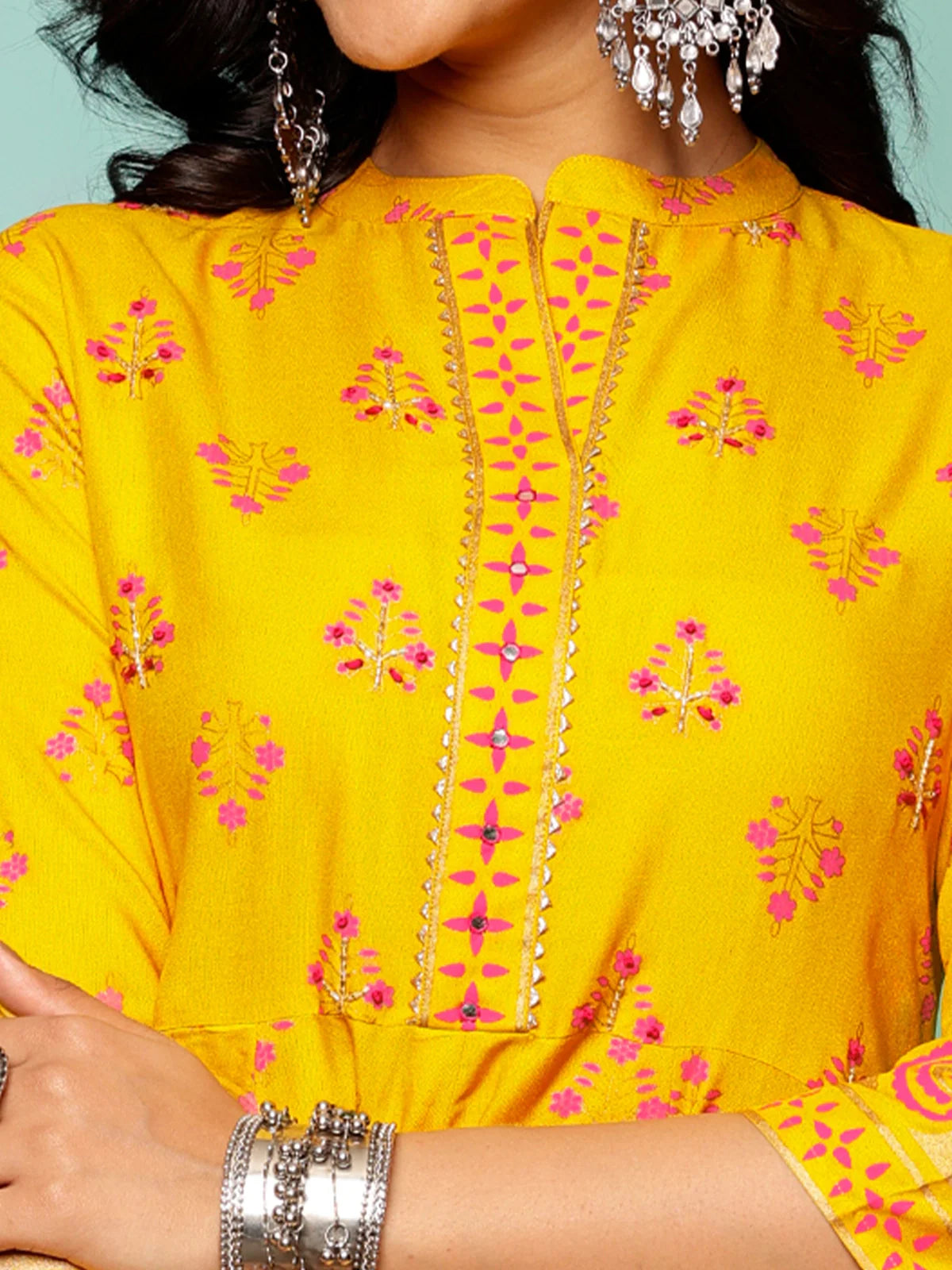 Buy Rayon Embellished Calf Length Anarkali Kurta-Yellow