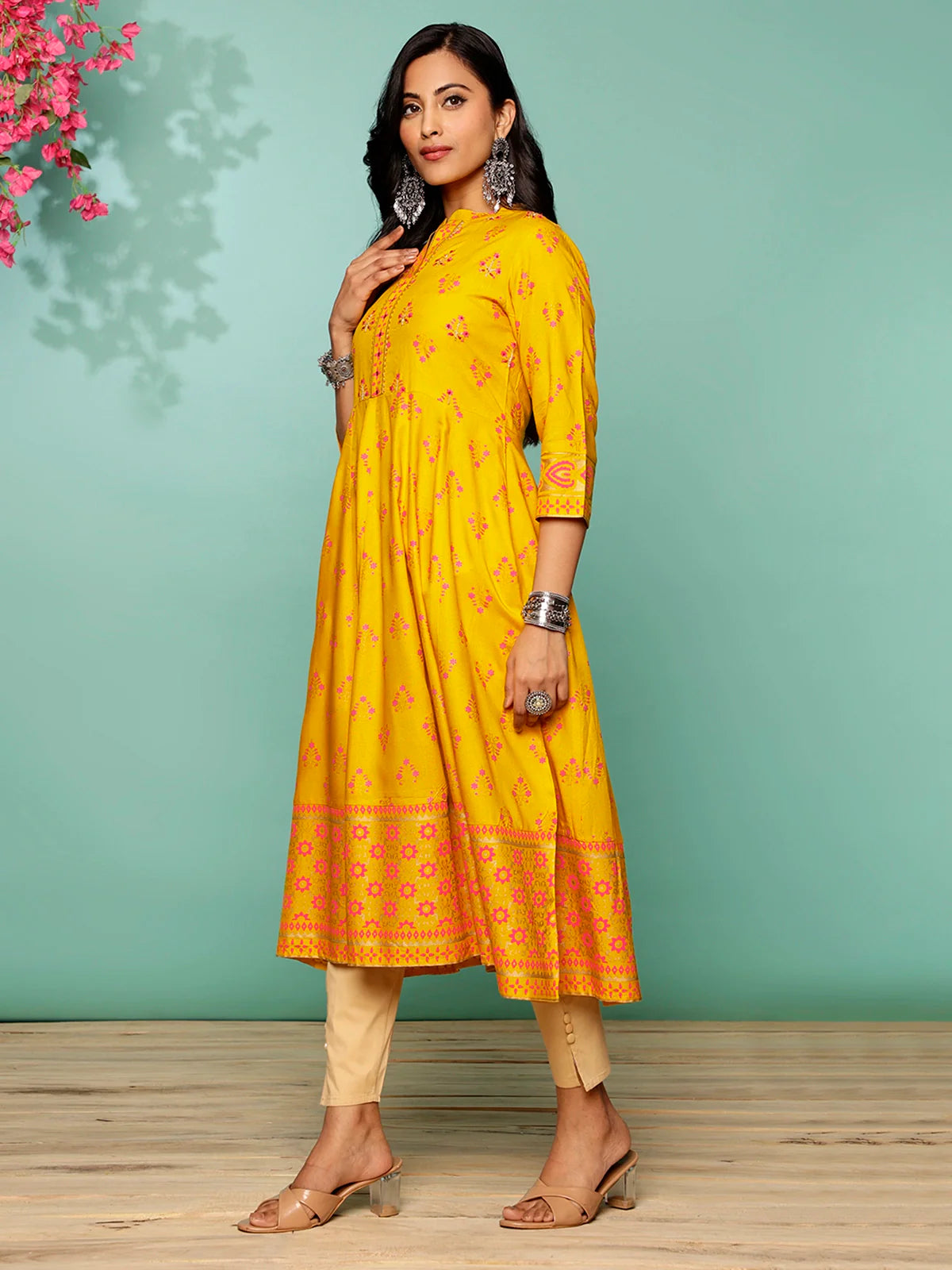 Buy Rayon Embellished Calf Length Anarkali Kurta-Yellow