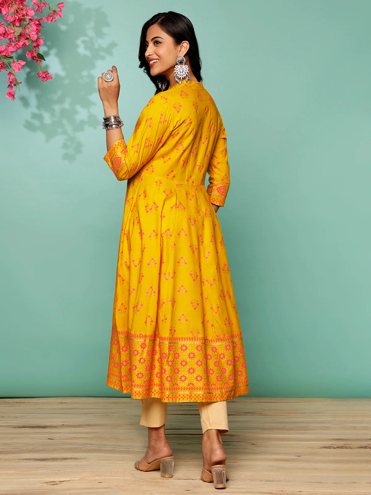 Buy Rayon Embellished Calf Length Anarkali Kurta-Yellow