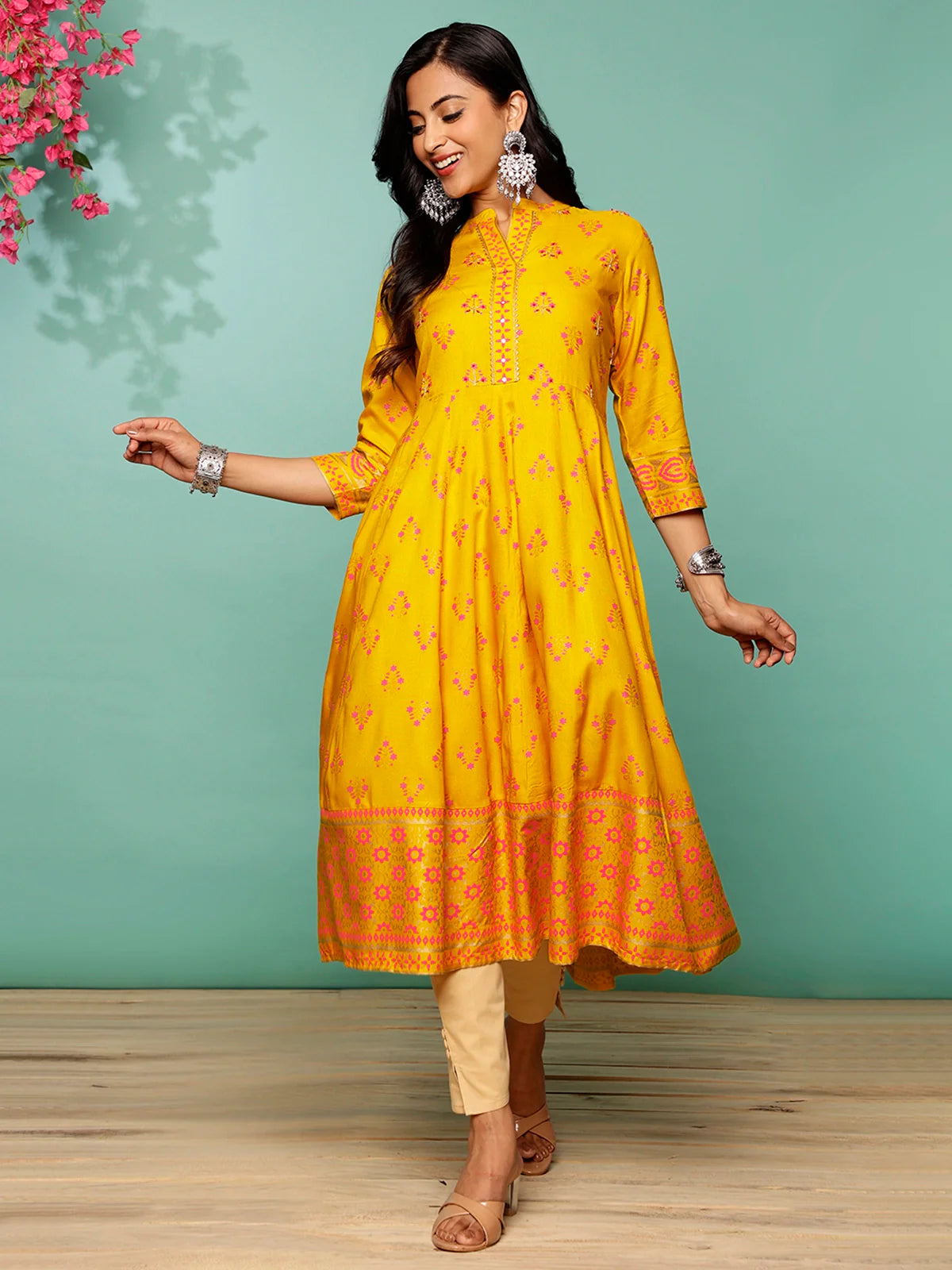 Buy Rayon Embellished Calf Length Anarkali Kurta-Yellow