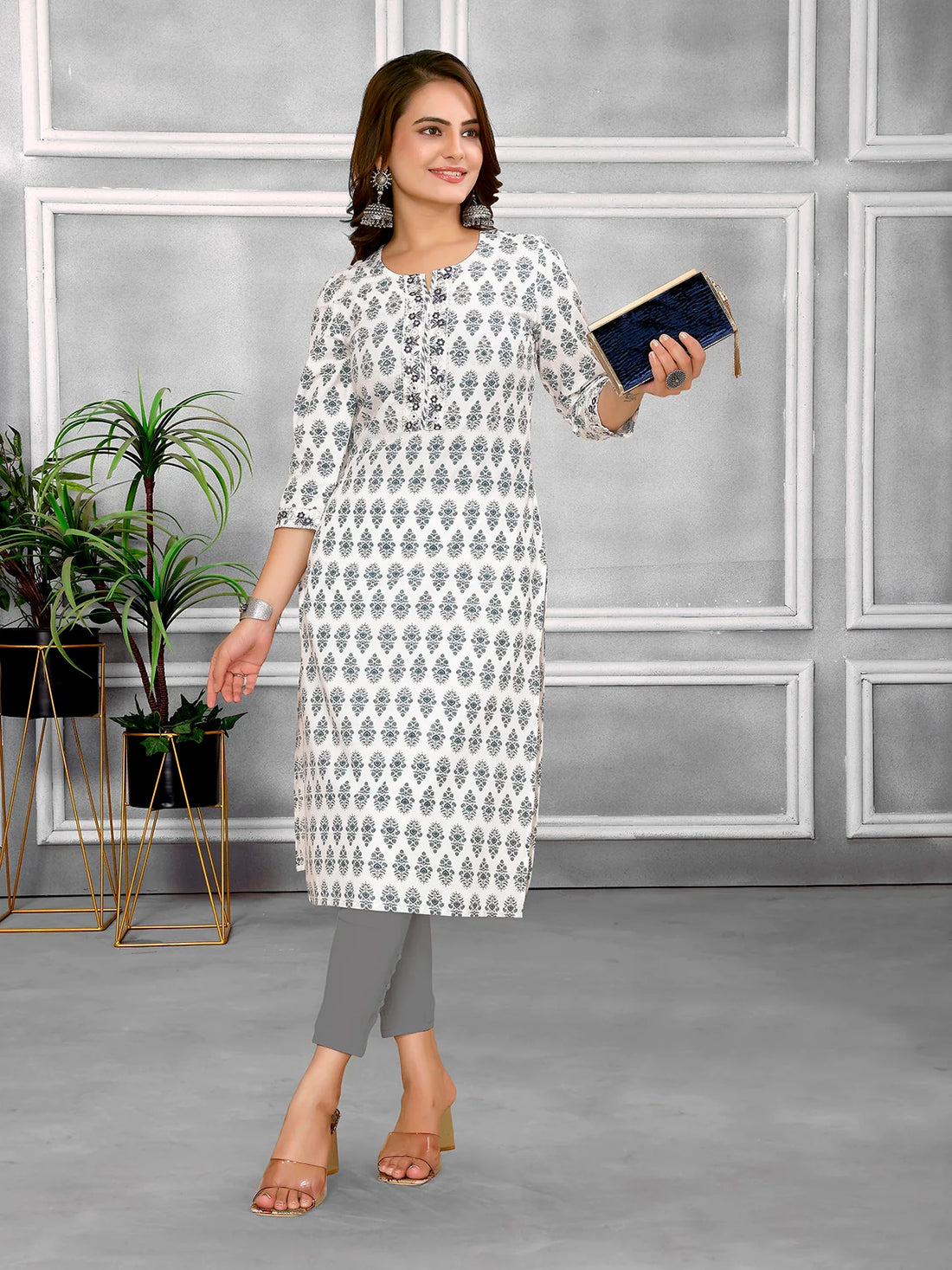 Buy Cotton Embroidered Calf Length Straight Kurta-Blue