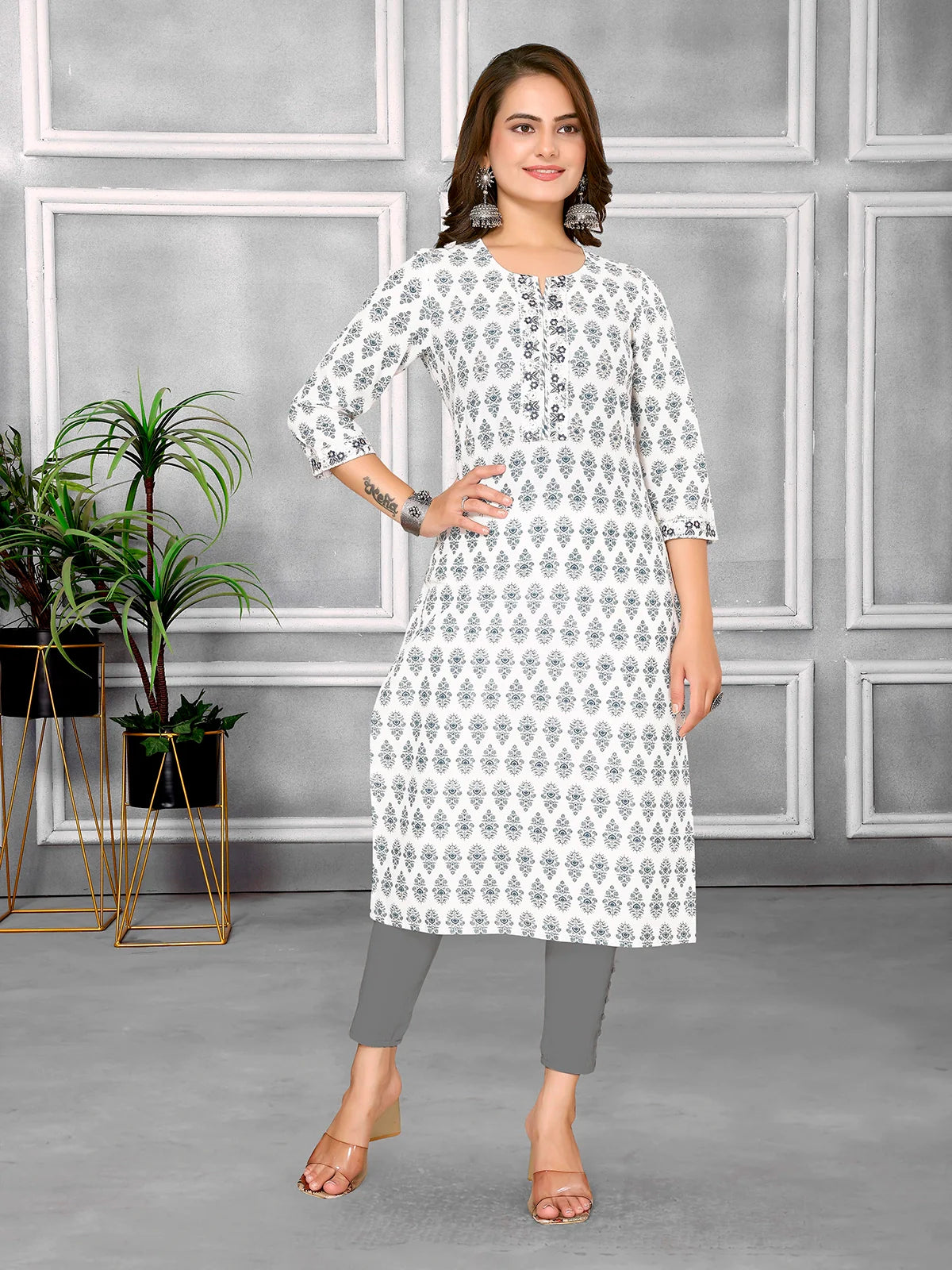 Buy Cotton Embroidered Calf Length Straight Kurta-Blue