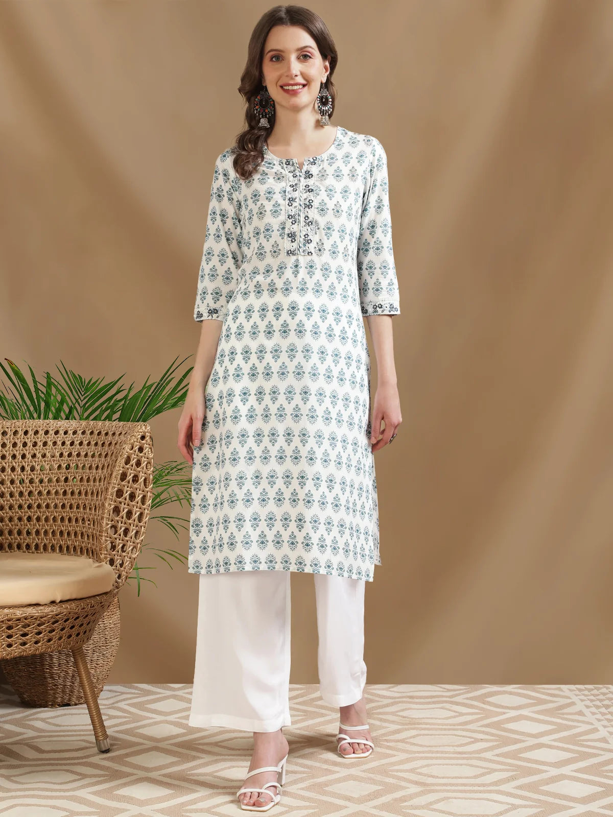 Buy Cotton Embroidered Calf Length Straight Kurta-Blue