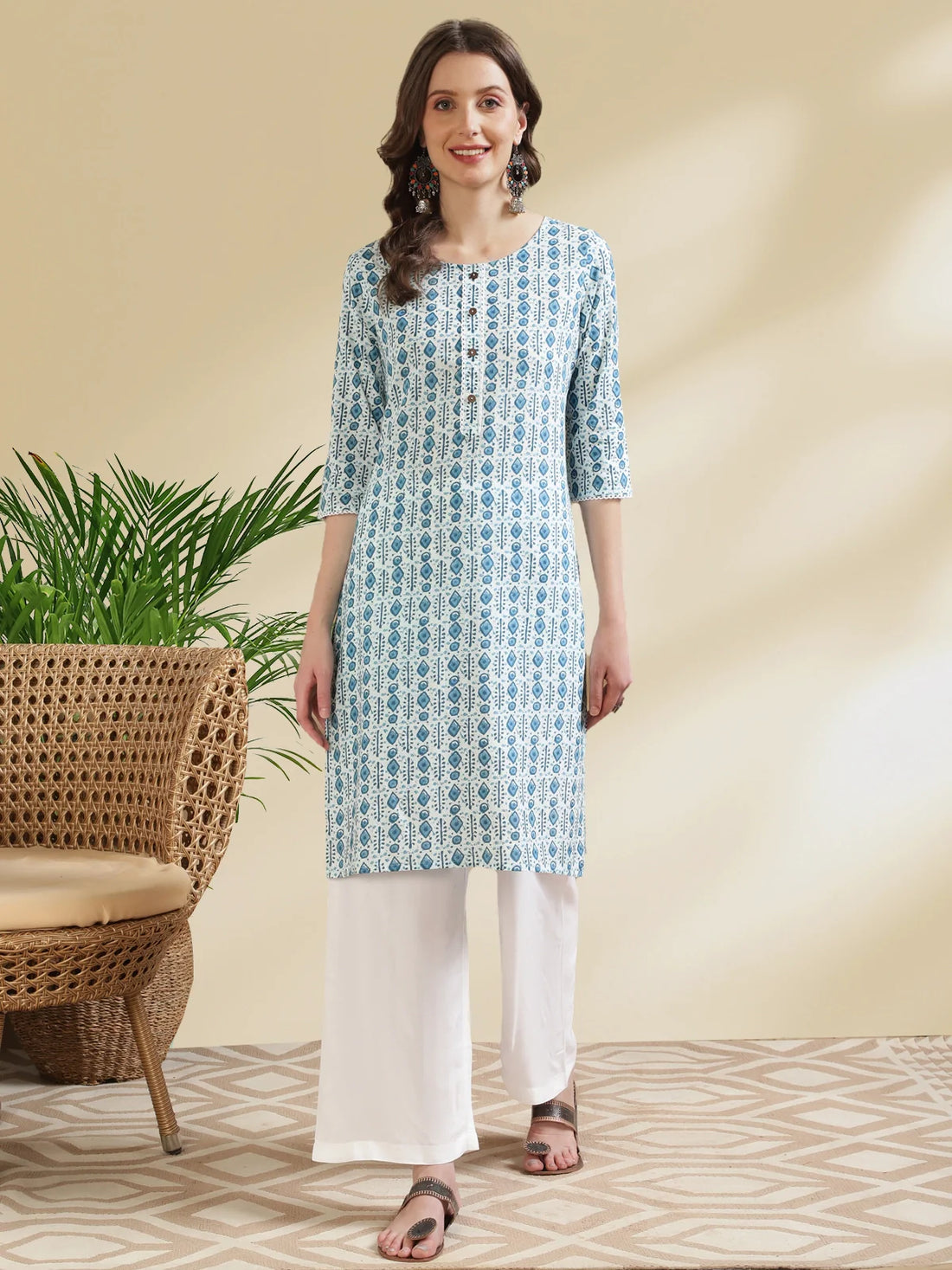 Buy Cotton Printed Knee Length Straight Kurta-Blue