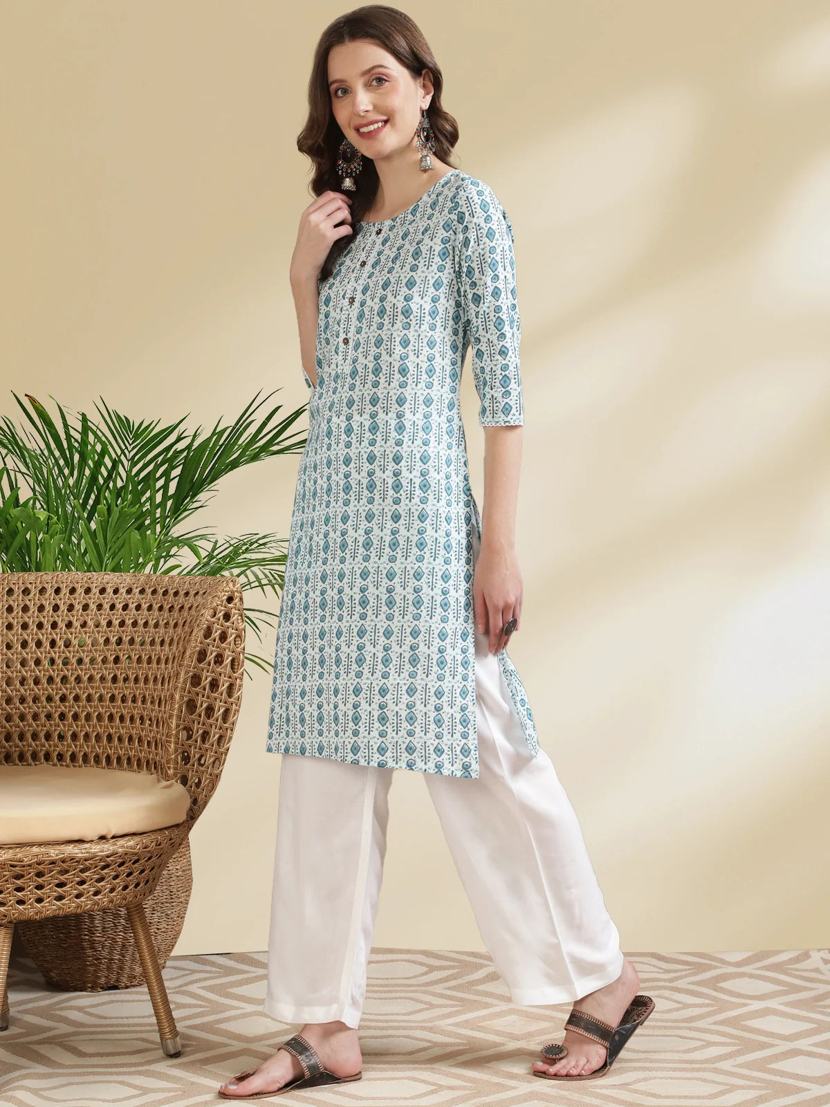 Buy Cotton Printed Knee Length Straight Kurta-Blue