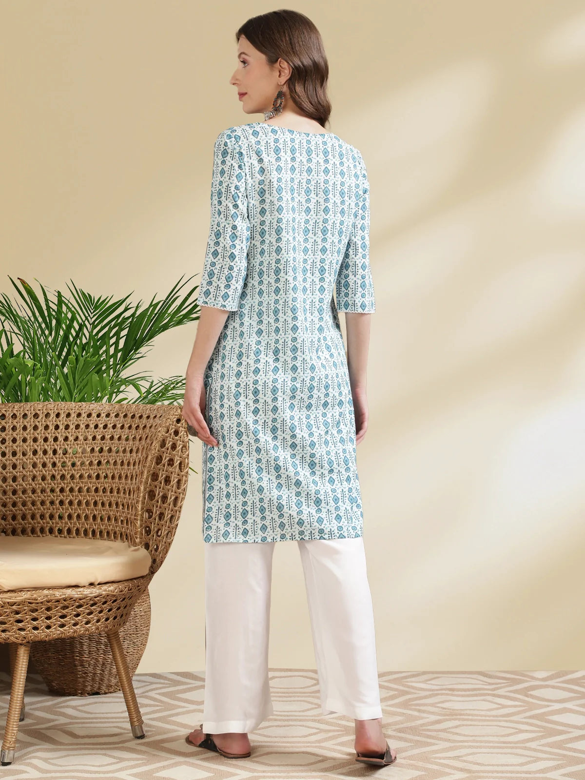 Buy Cotton Printed Knee Length Straight Kurta-Blue