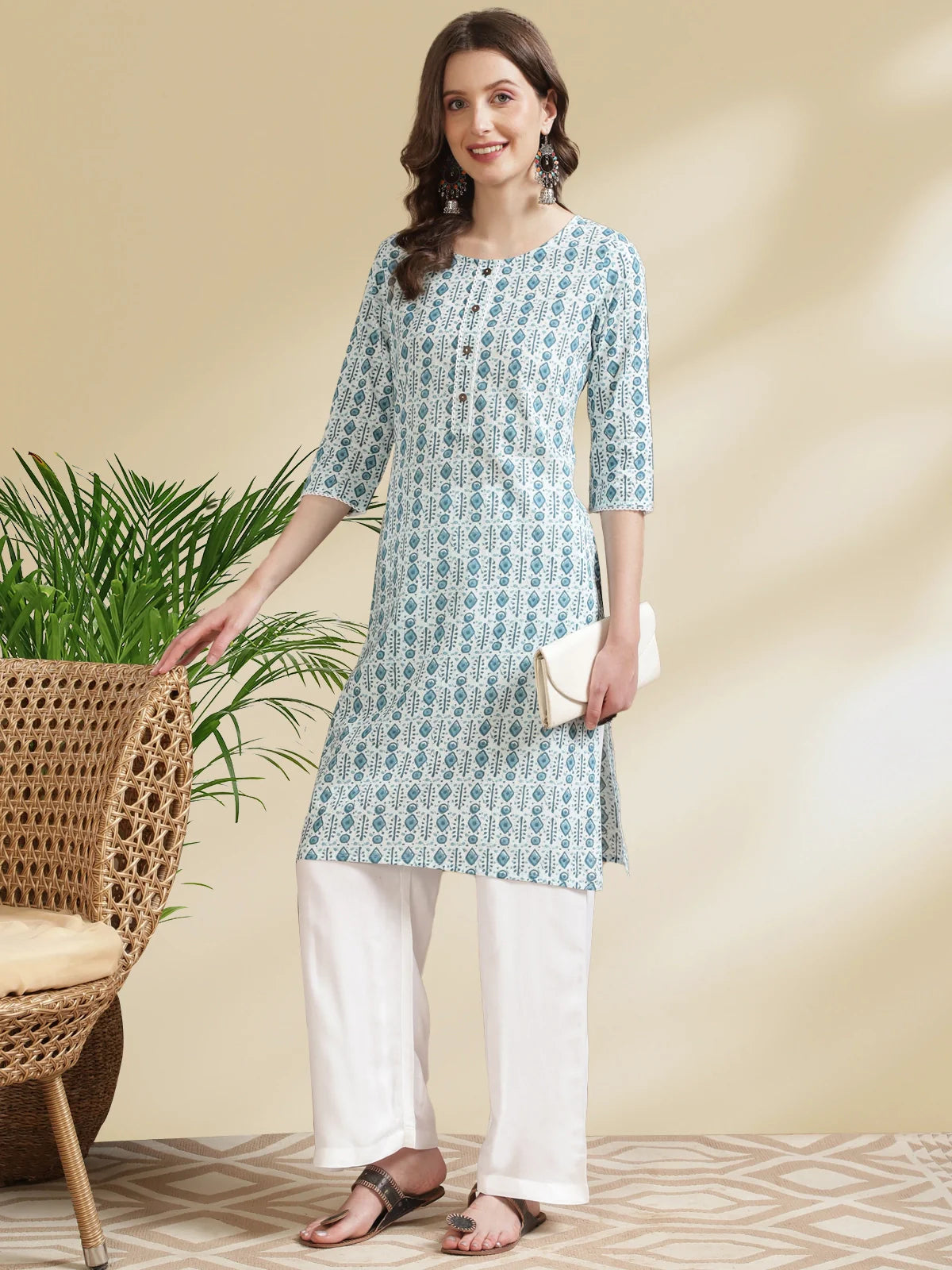 Buy Cotton Printed Knee Length Straight Kurta-Blue