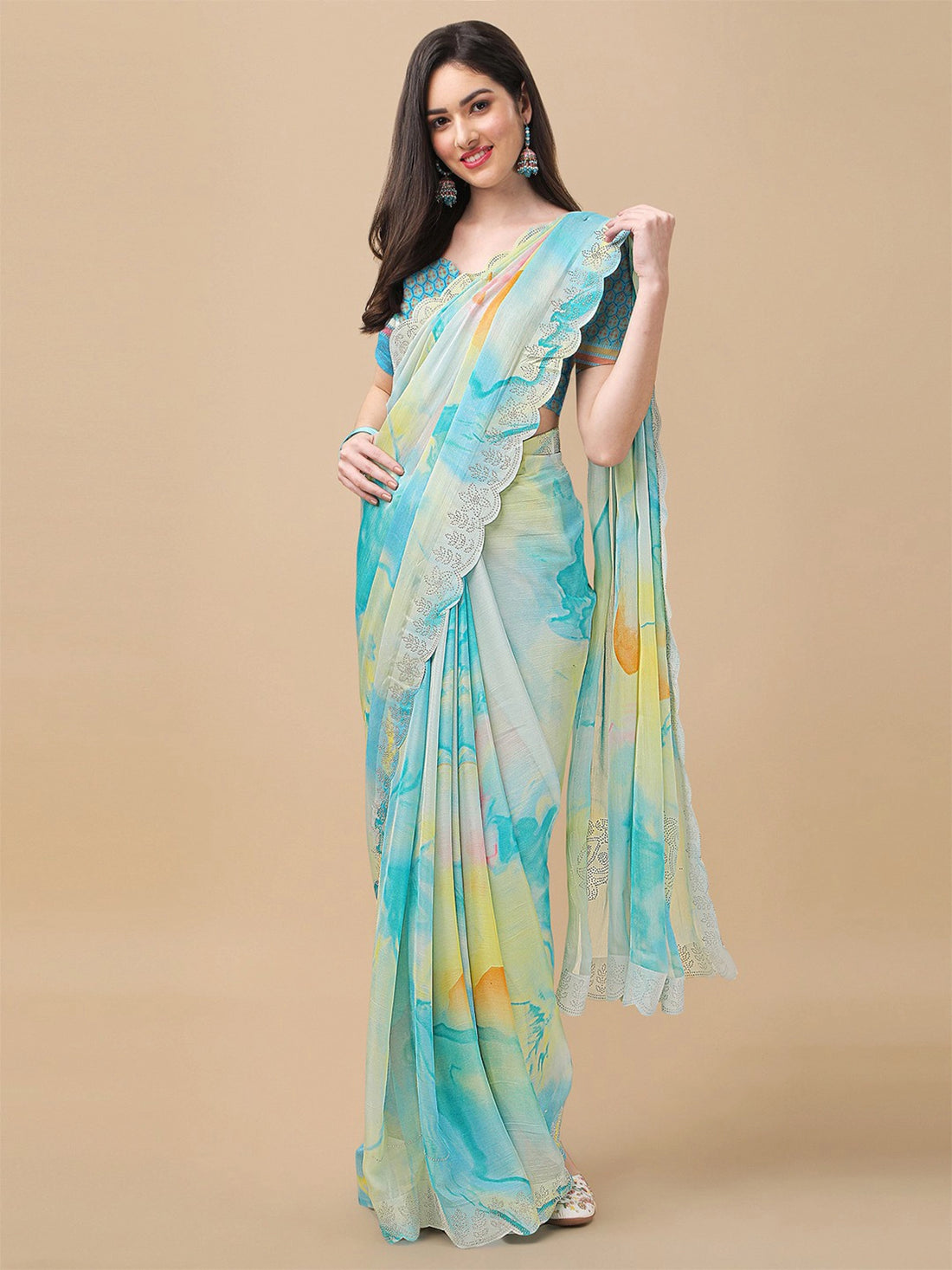 Buy Chiffon Siroski Cut Work Designer Saree With Blouse Piece-Sky Blue