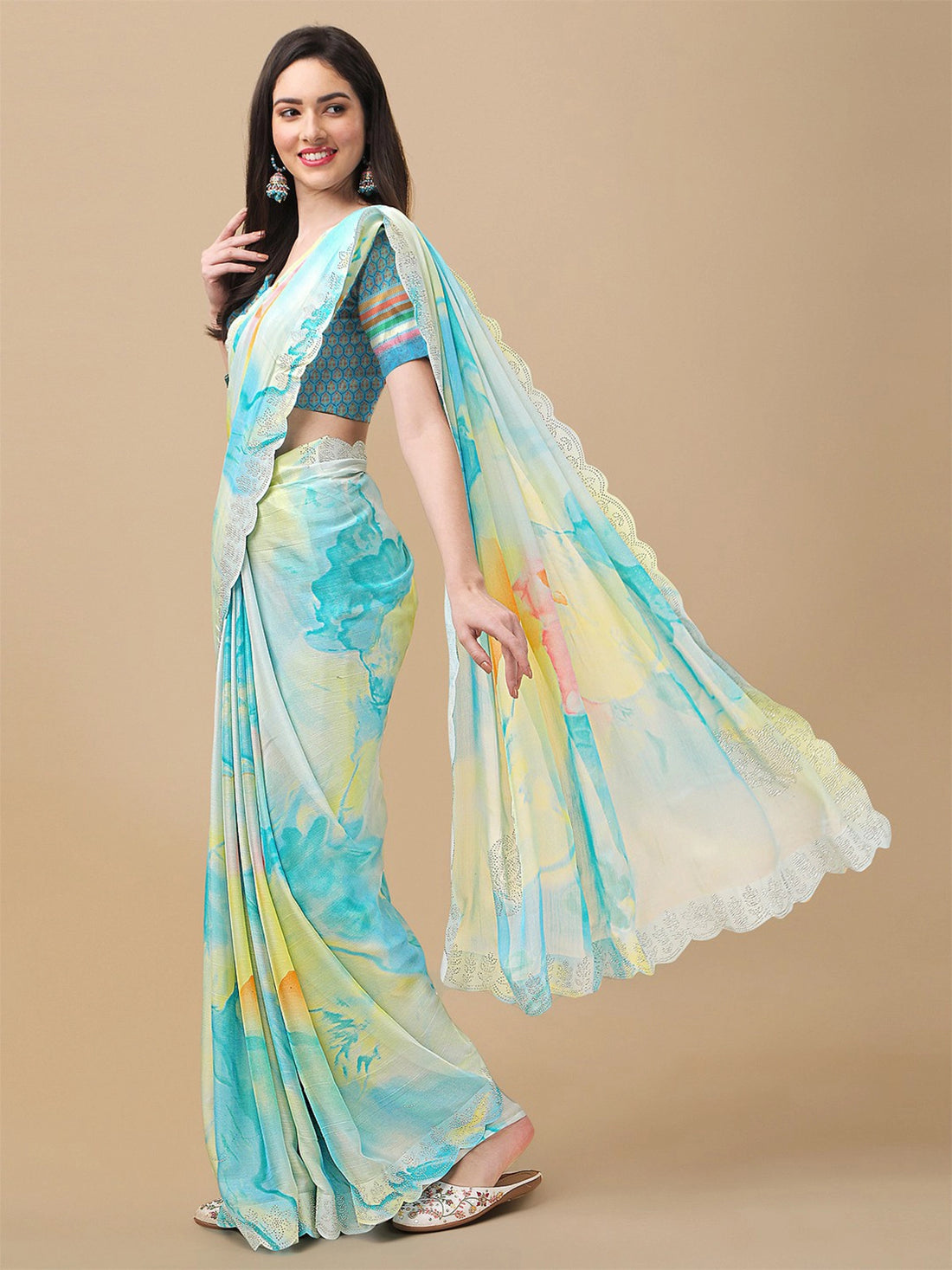 Buy Chiffon Siroski Cut Work Designer Saree With Blouse Piece-Sky Blue