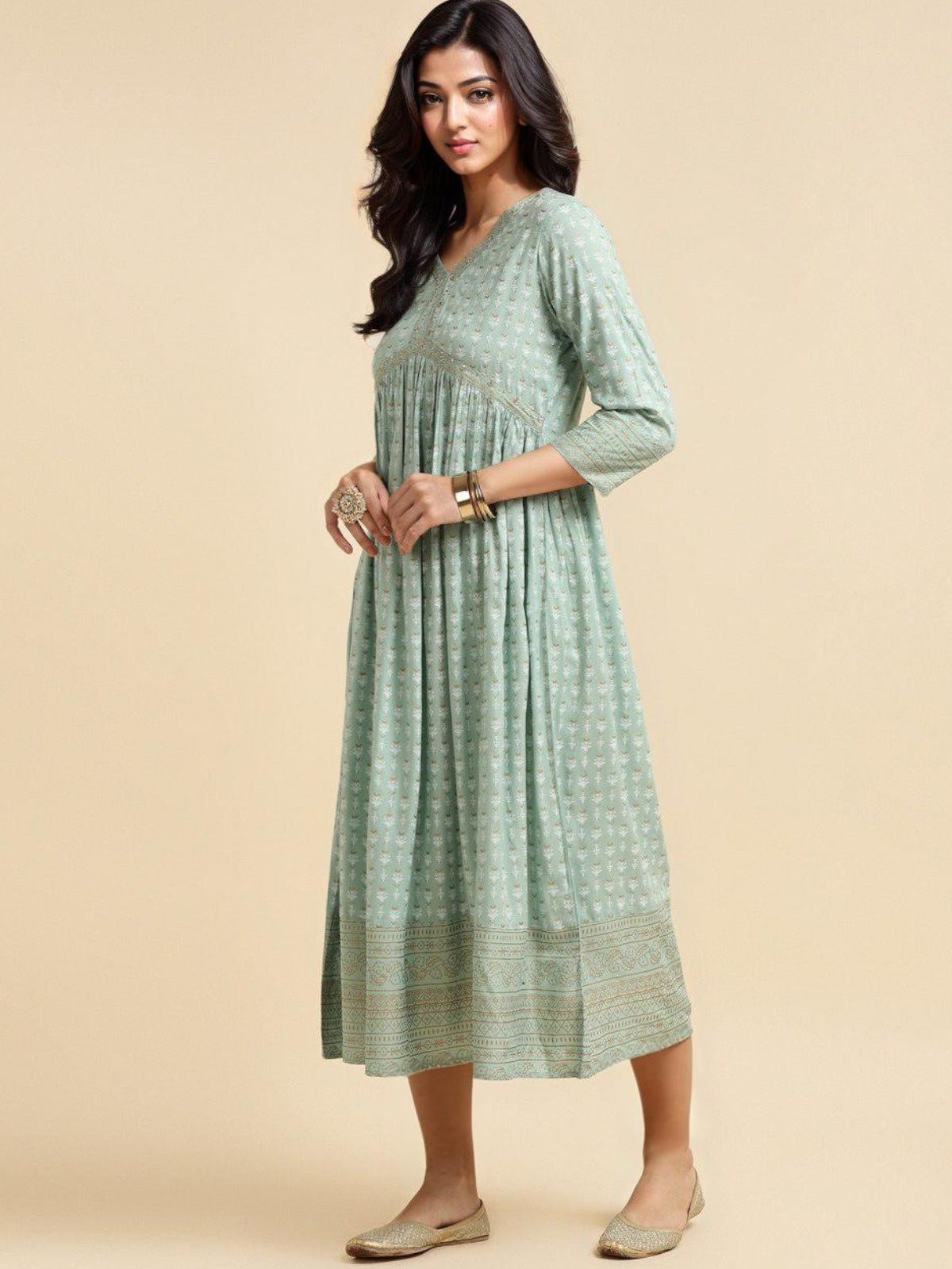 Buy Rayon Printed A-line Calf Length Dress-Sea Green