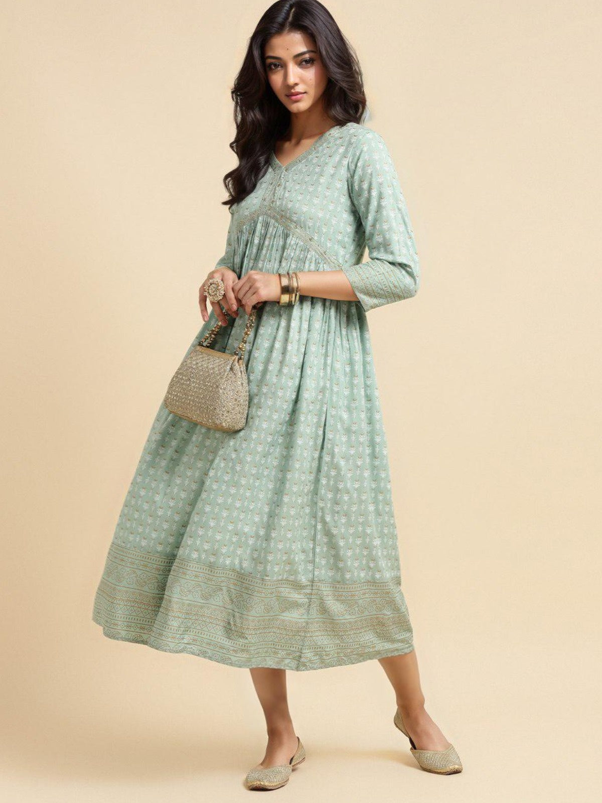 Buy Rayon Printed A-line Calf Length Dress-Sea Green