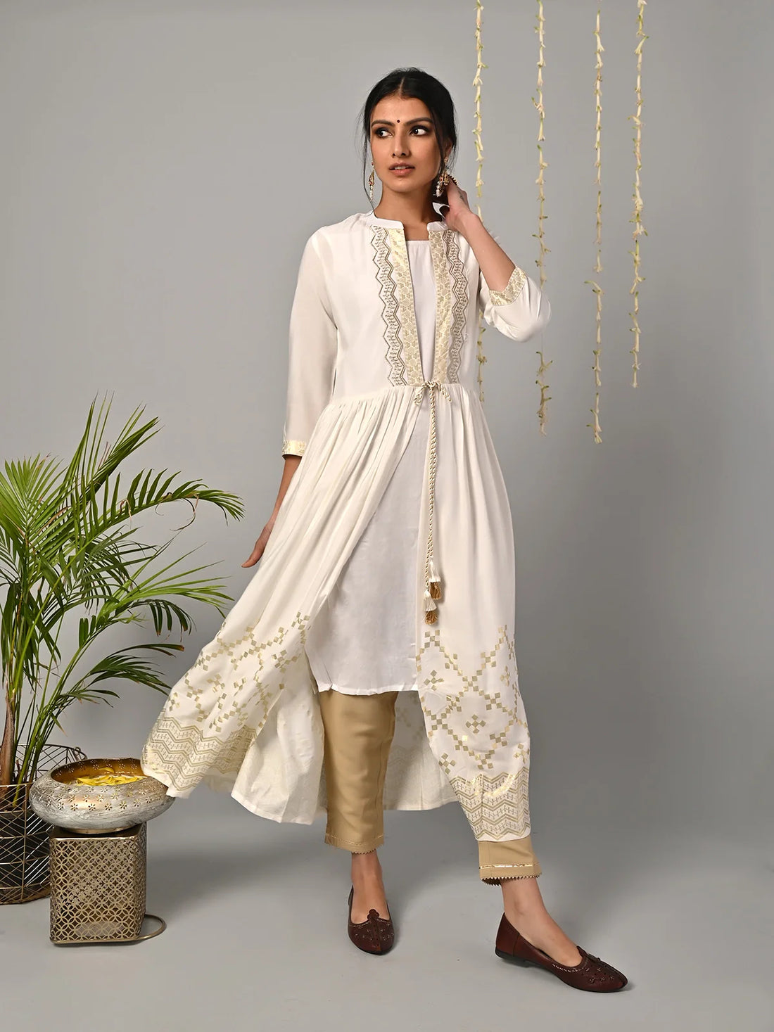 Buy Rayon Ethnic Printed Layered Calf Length Kurta-Off White