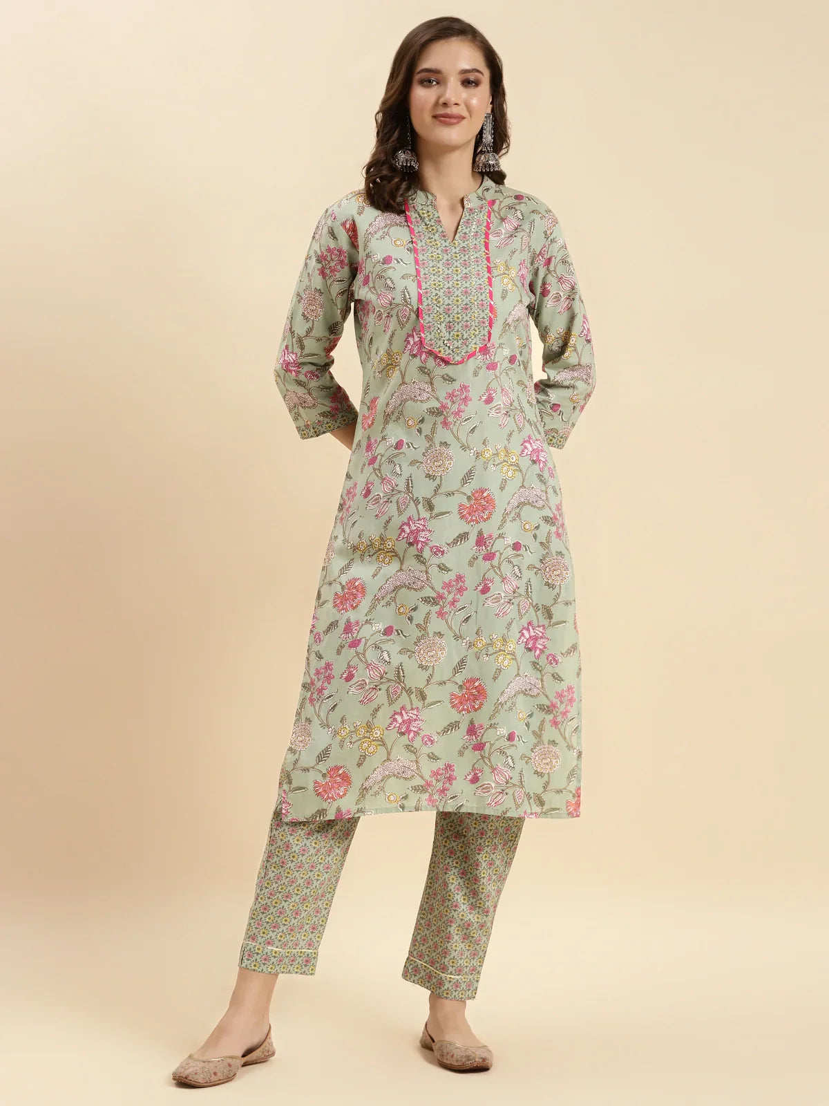 Buy Cotton Calf Length Floral Printed Straight Kurta With Pant-Green