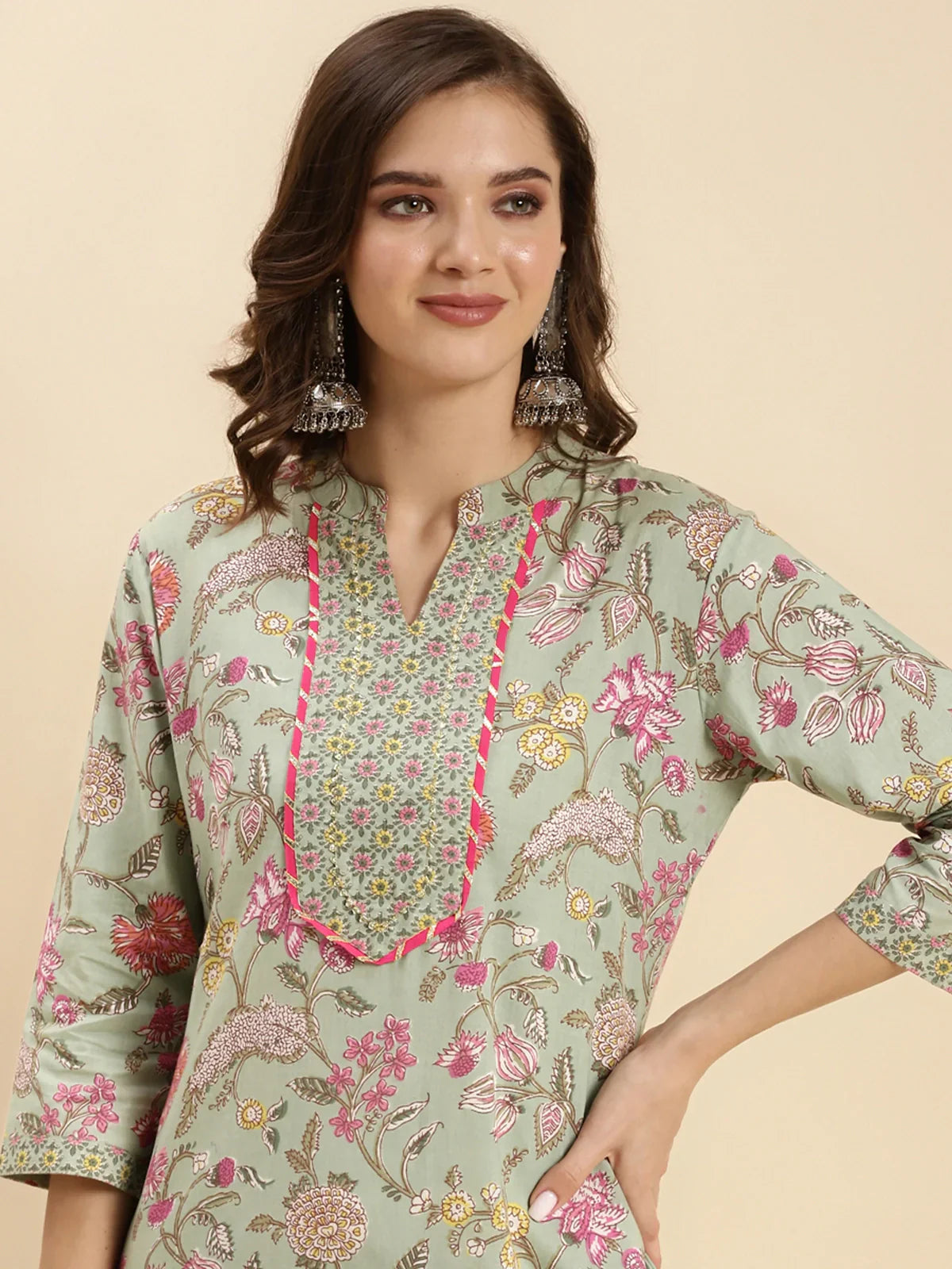 Buy Cotton Calf Length Floral Printed Straight Kurta With Pant-Green