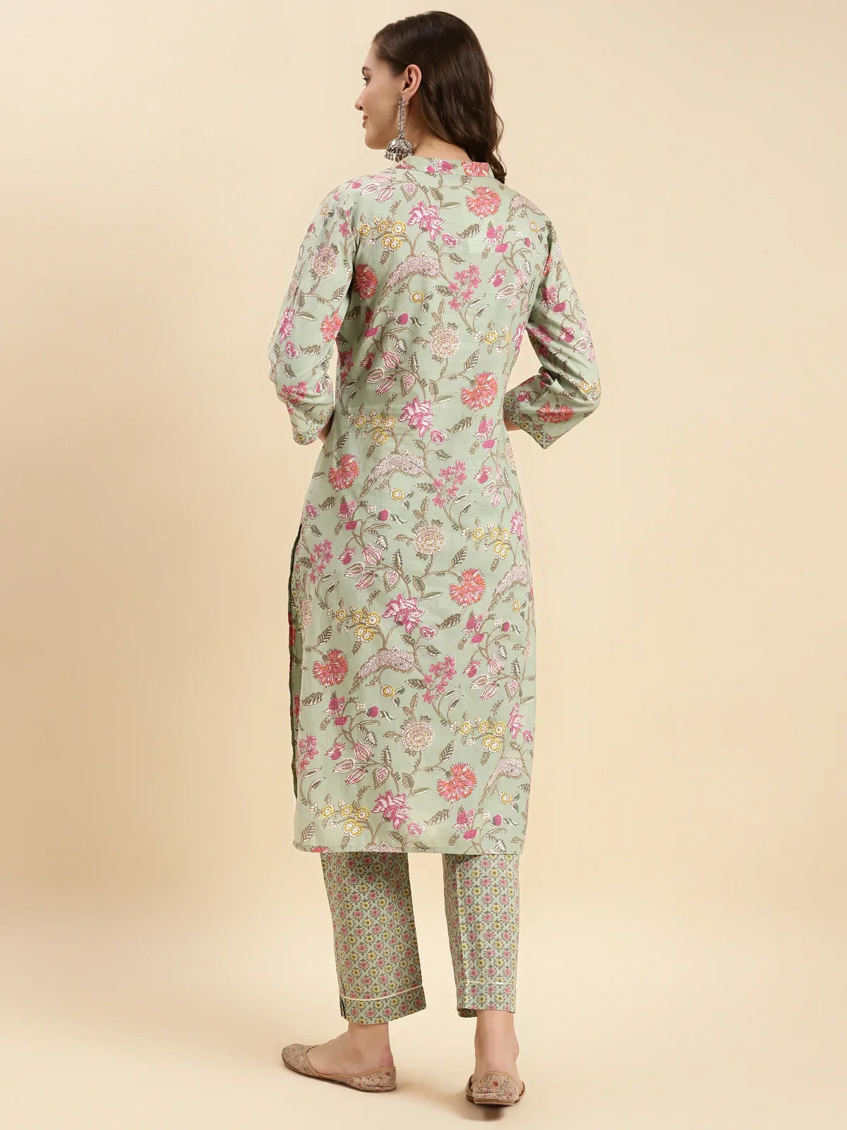 Buy Cotton Calf Length Floral Printed Straight Kurta With Pant-Green