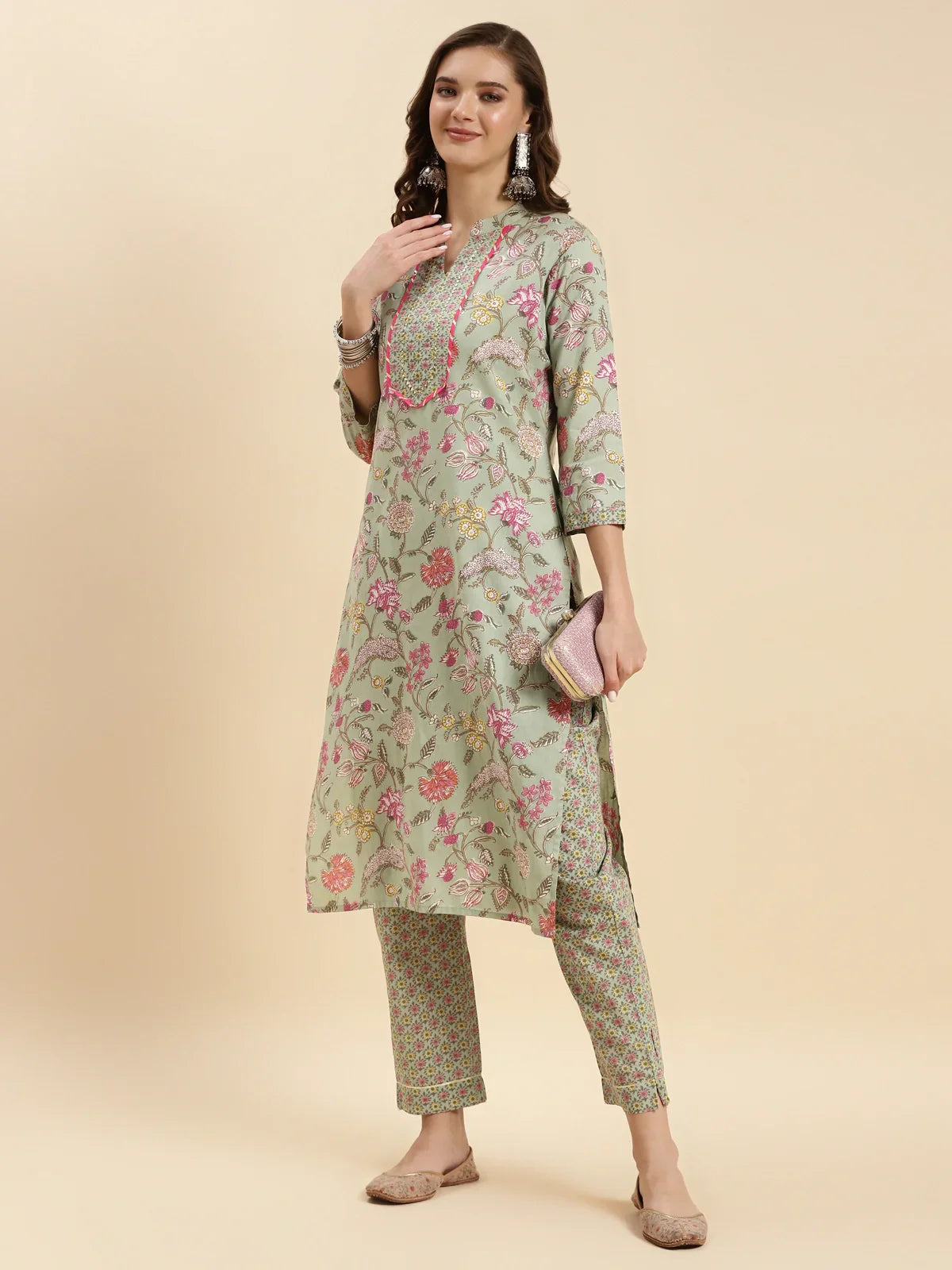 Buy Cotton Calf Length Floral Printed Straight Kurta With Pant-Green