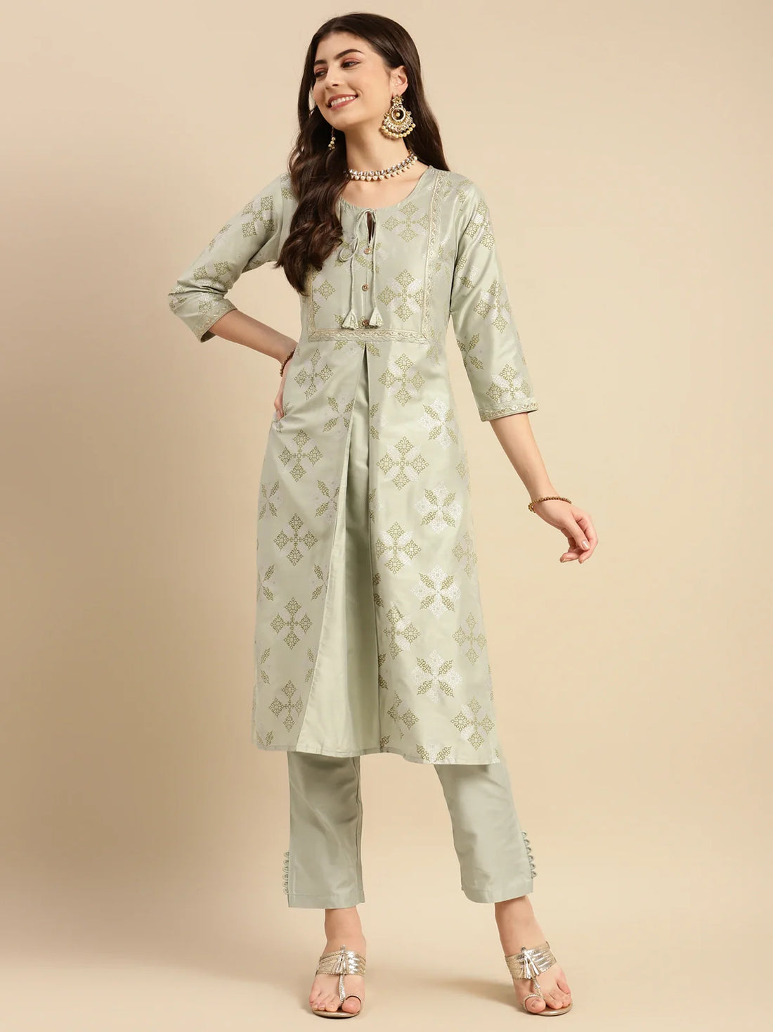 Buy Embroidered Print Calf Length Partywear Front Slit Kurta With Pant-Mint Green
