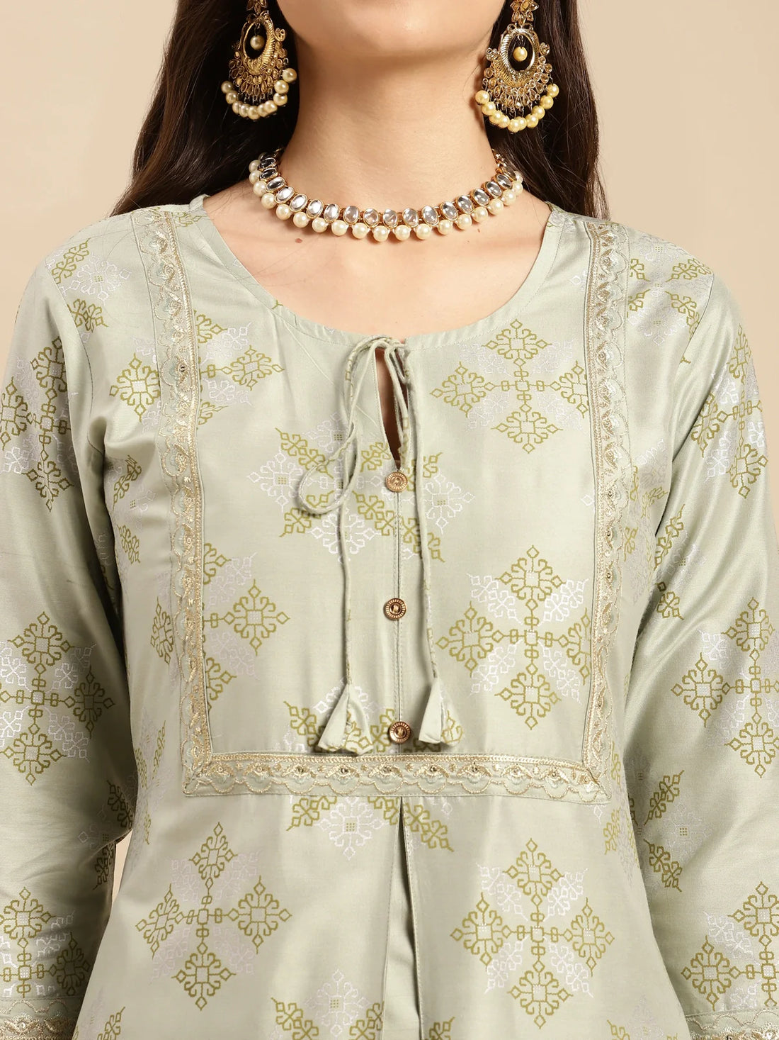 Buy Embroidered Print Calf Length Partywear Front Slit Kurta With Pant-Mint Green