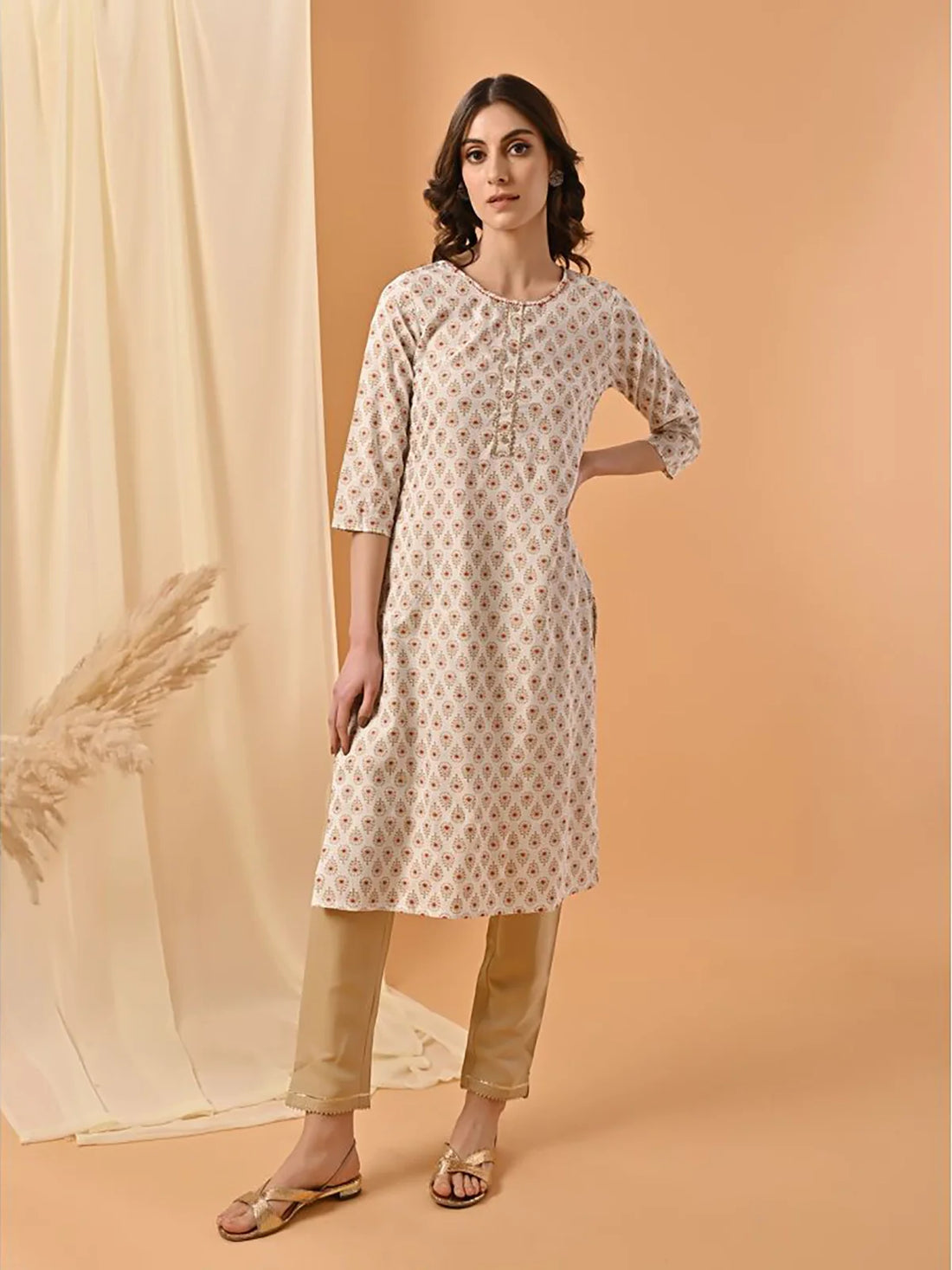 Buy Rayon Ethnic Gold Printed Knee Length Straight Kurta With Pant-Off White