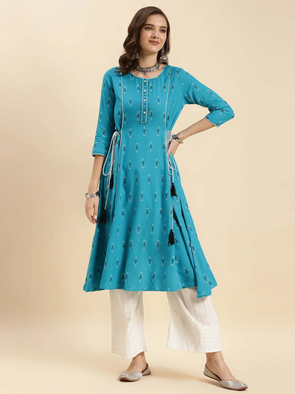 Buy Rayon Printed Calf Length A-line Kurta-Turquoise