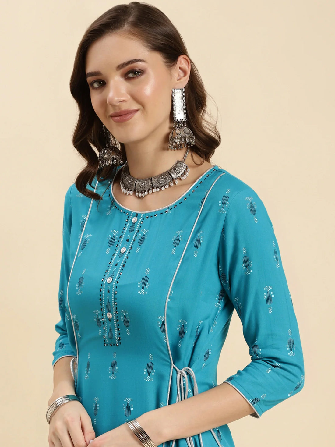 Buy Rayon Printed Calf Length A-line Kurta-Turquoise