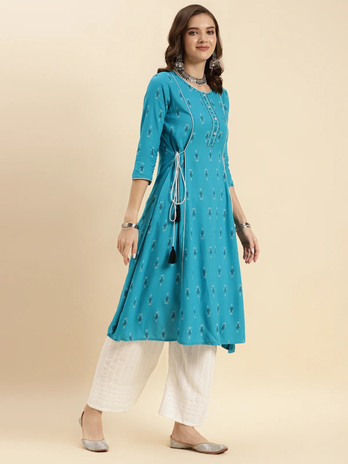 Buy Rayon Printed Calf Length A-line Kurta-Turquoise