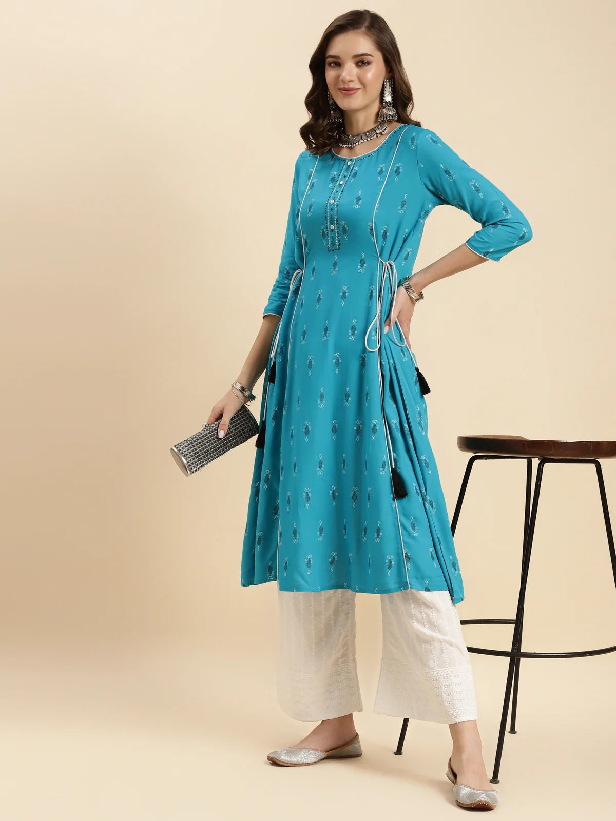 Buy Rayon Printed Calf Length A-line Kurta-Turquoise