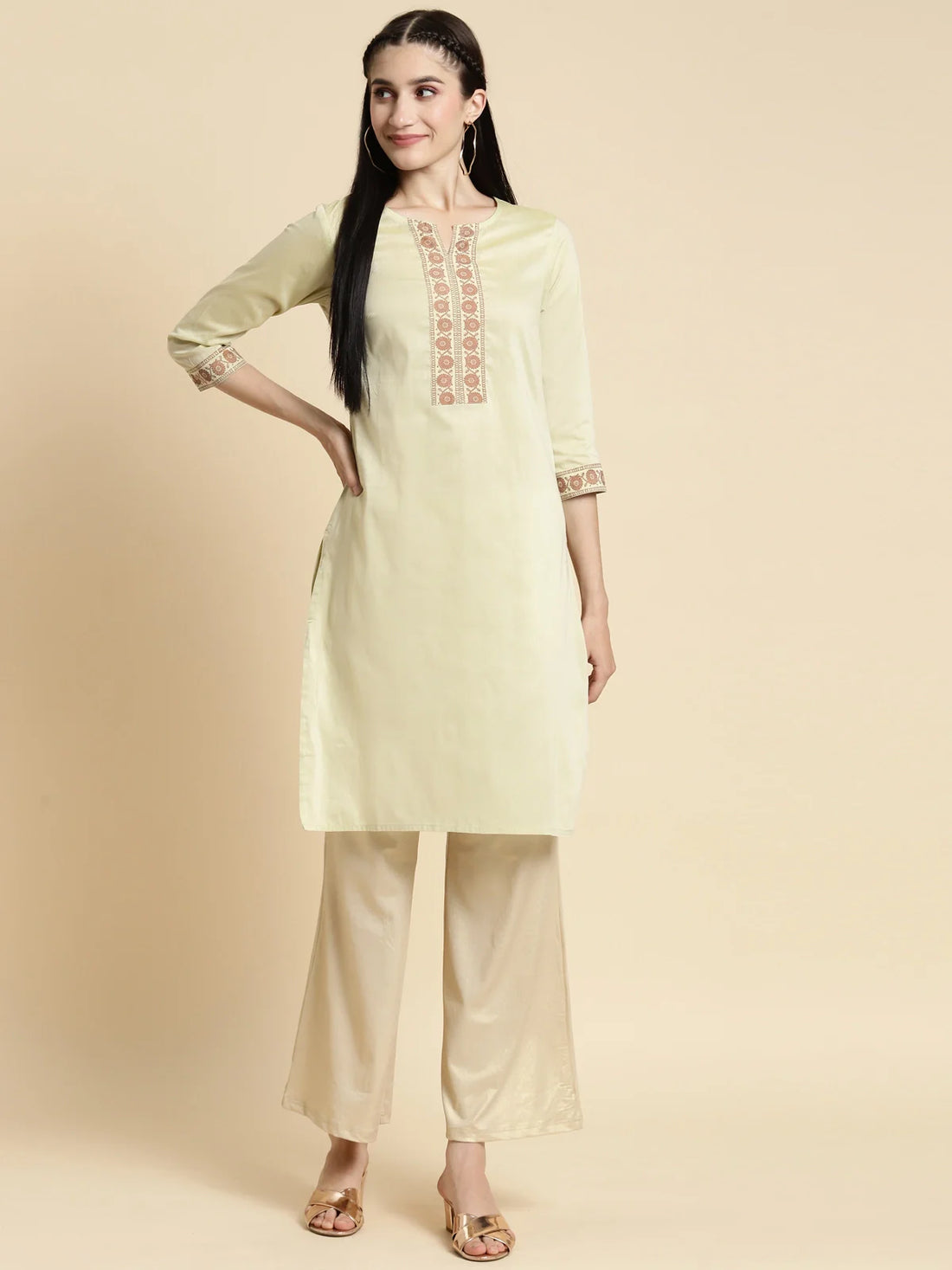 Buy Gold Printed Placket Knee Length Straight Kurta-Green