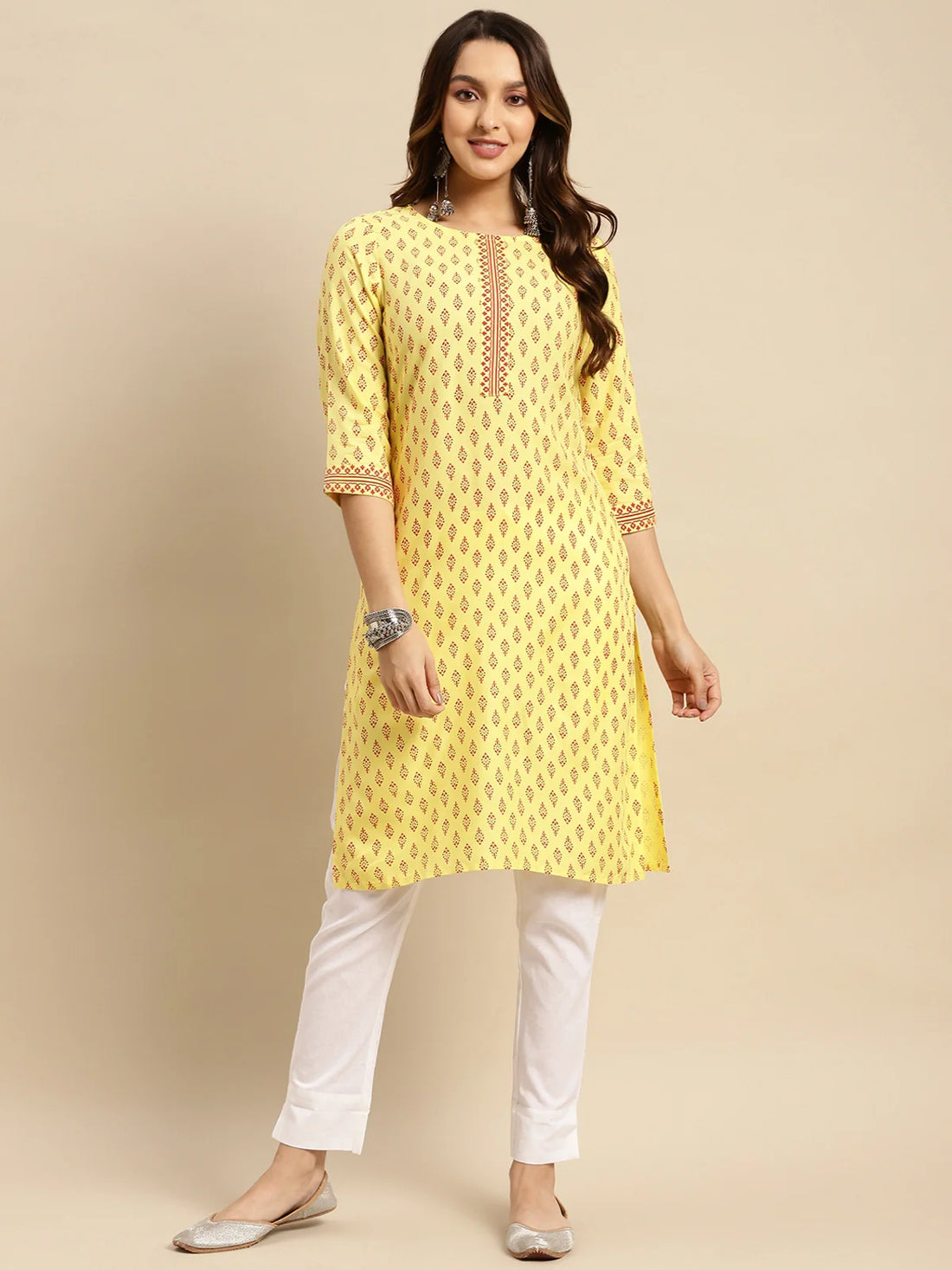 Buy Rayon Buta Printed Knee Length Straight Kurta-Yellow