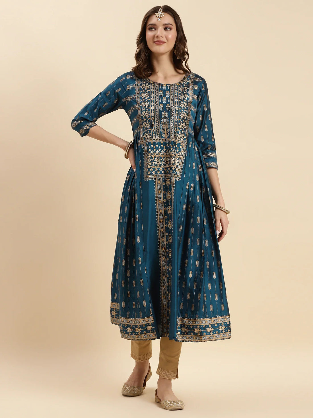 Buy Chanderi Printed Calf Length Anarkali Kurta-Teal