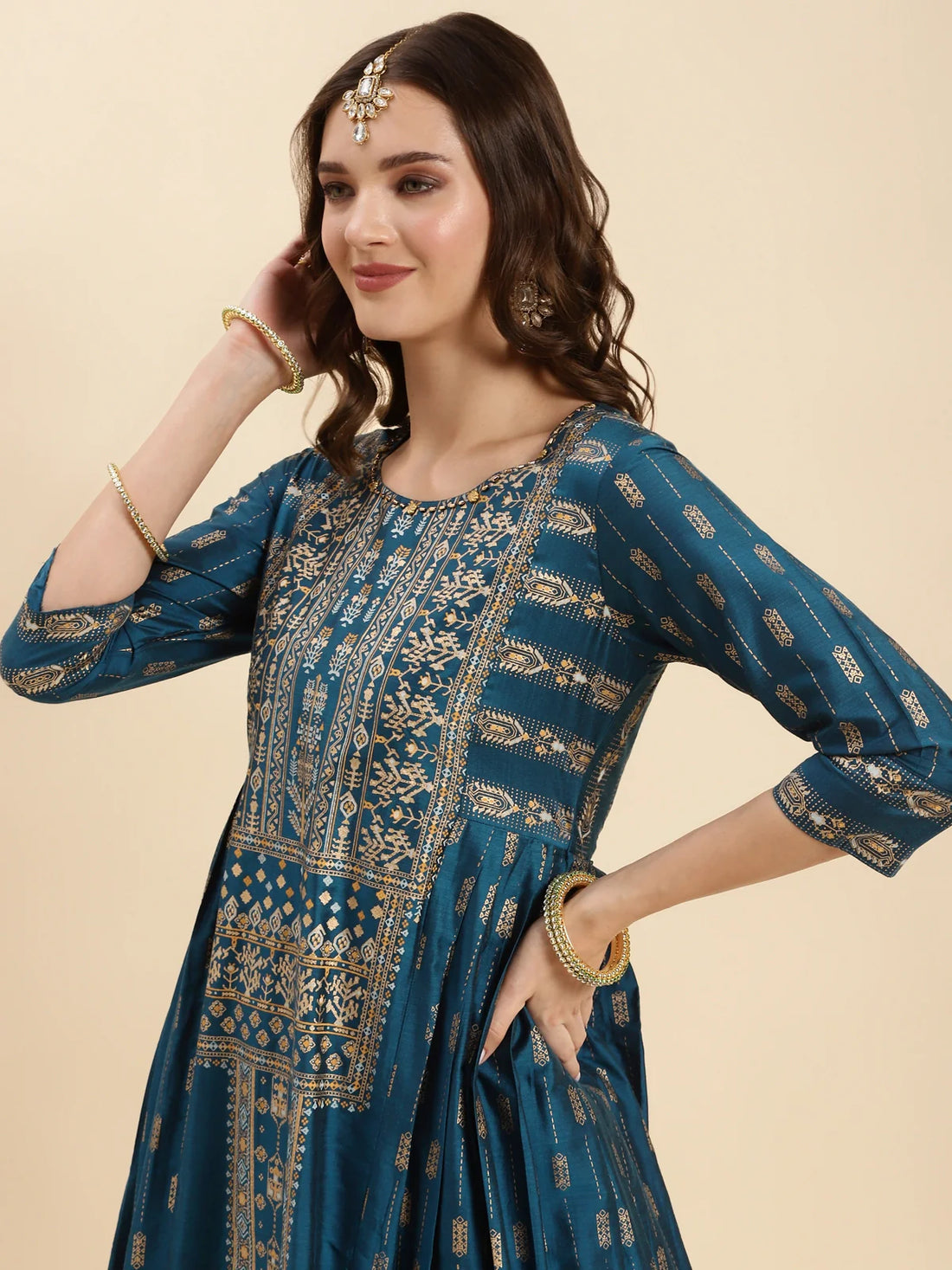 Buy Chanderi Printed Calf Length Anarkali Kurta-Teal