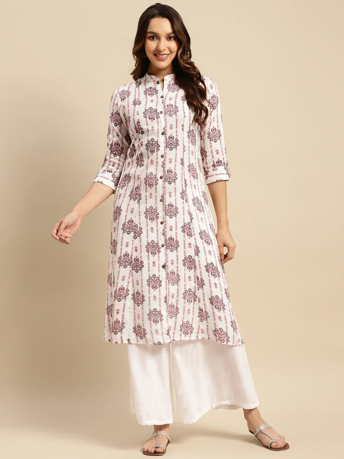 Buy Rayon Printed Calf Length A-line Kurta With Front Button Placket-Off White