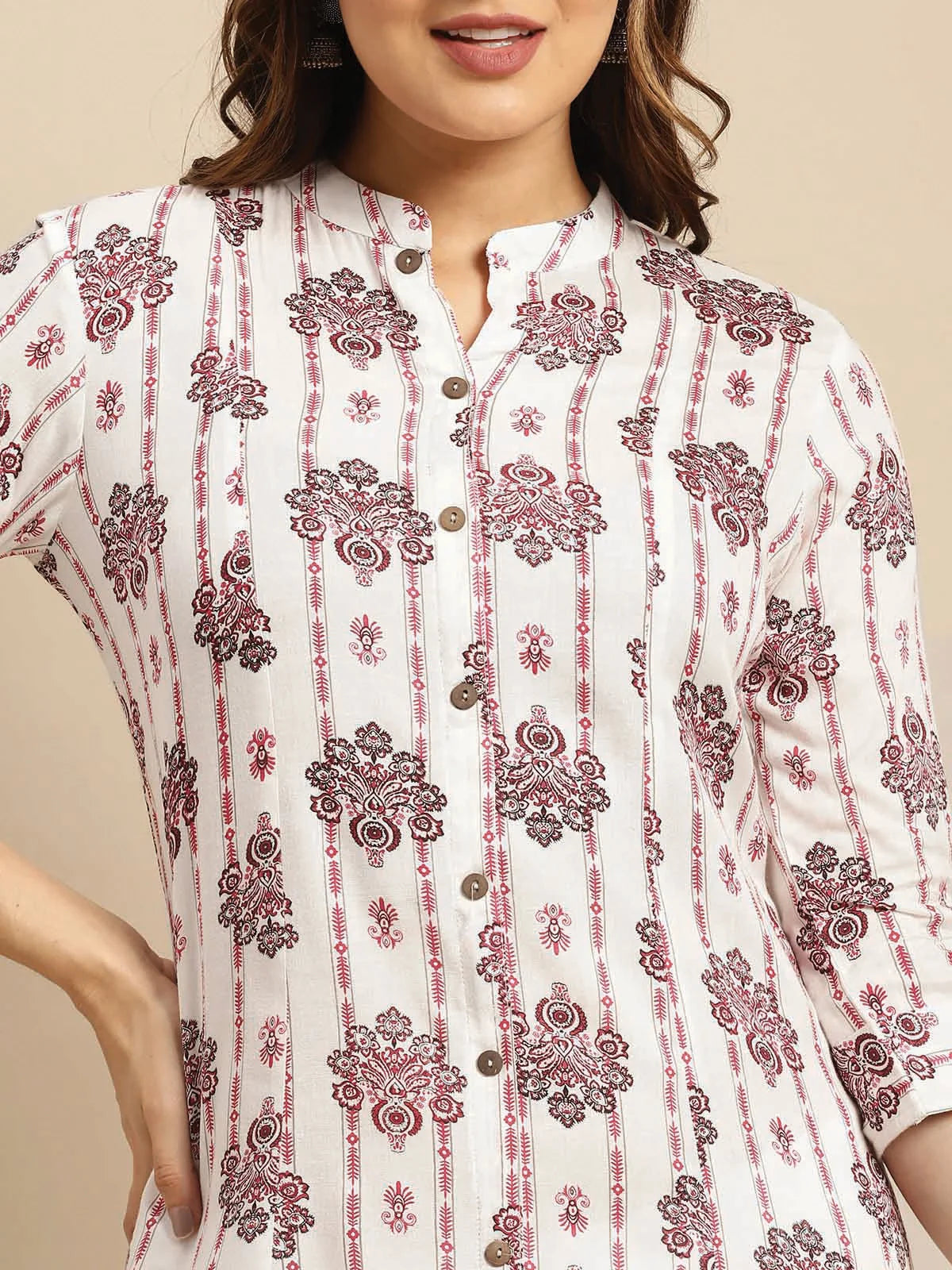 Buy Rayon Printed Calf Length A-line Kurta With Front Button Placket-Off White