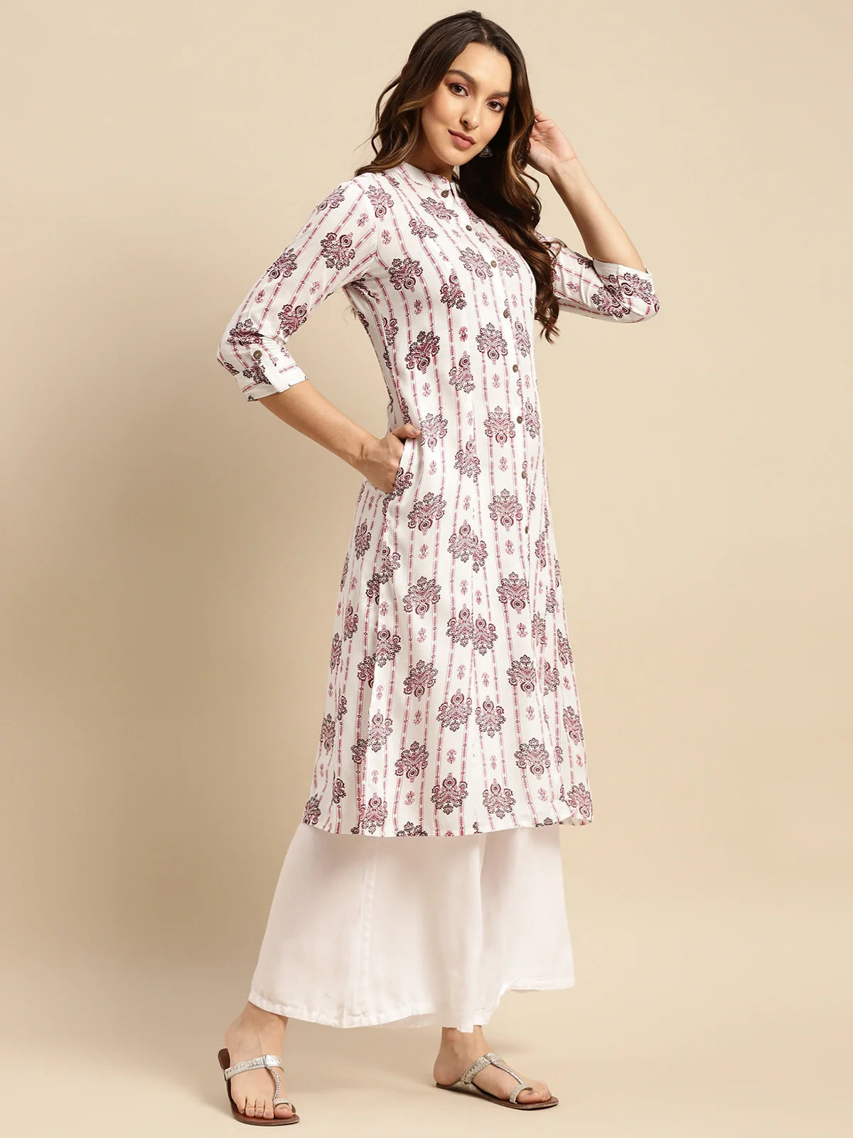 Buy Rayon Printed Calf Length A-line Kurta With Front Button Placket-Off White