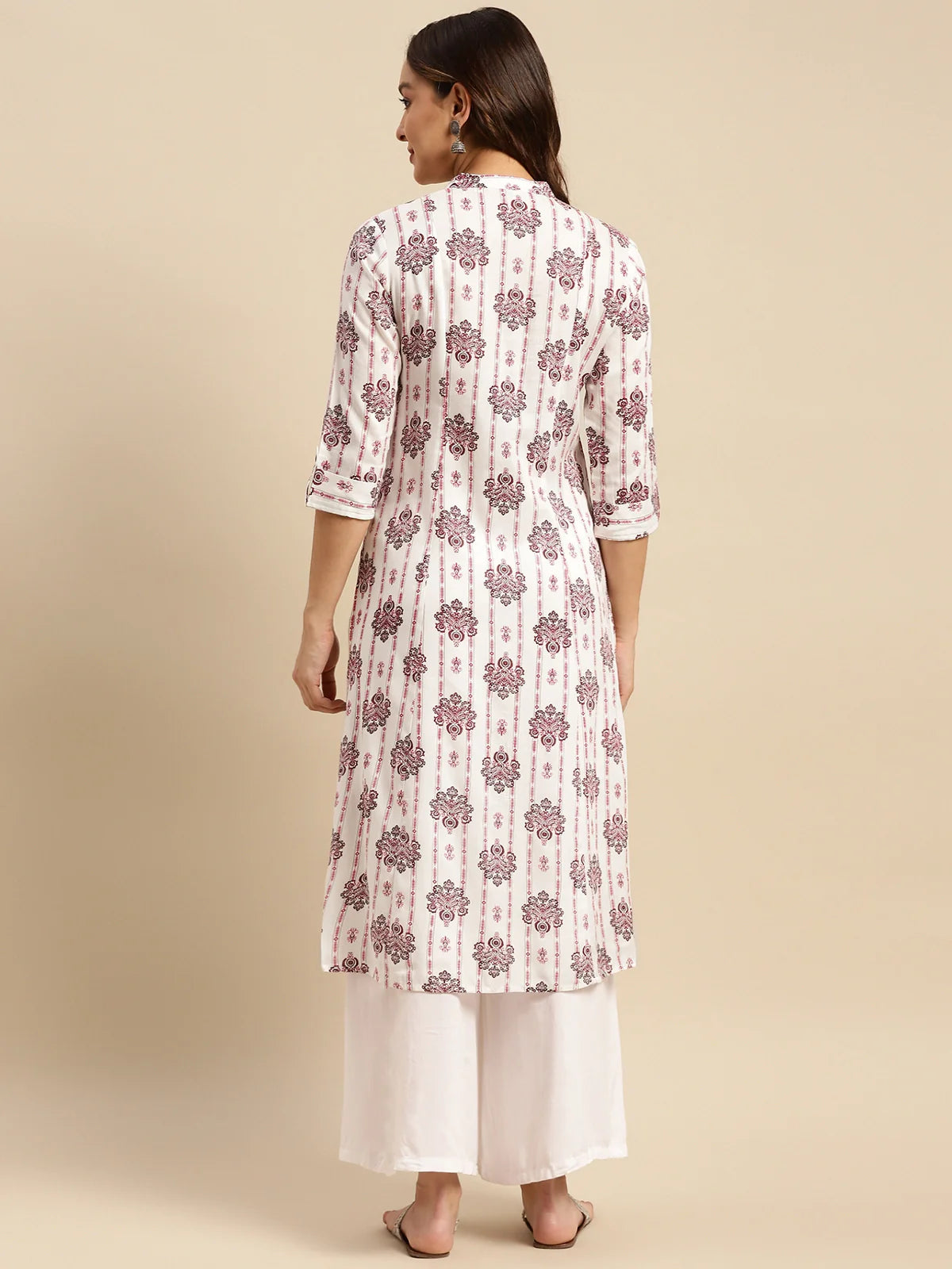 Buy Rayon Printed Calf Length A-line Kurta With Front Button Placket-Off White