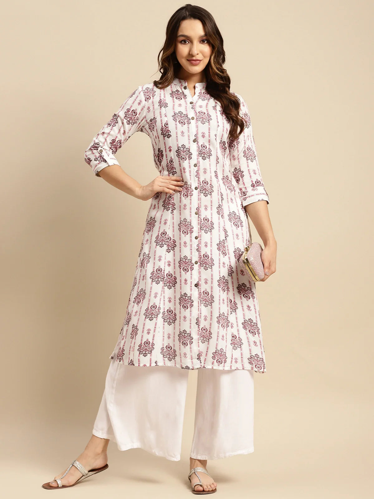 Buy Rayon Printed Calf Length A-line Kurta With Front Button Placket-Off White