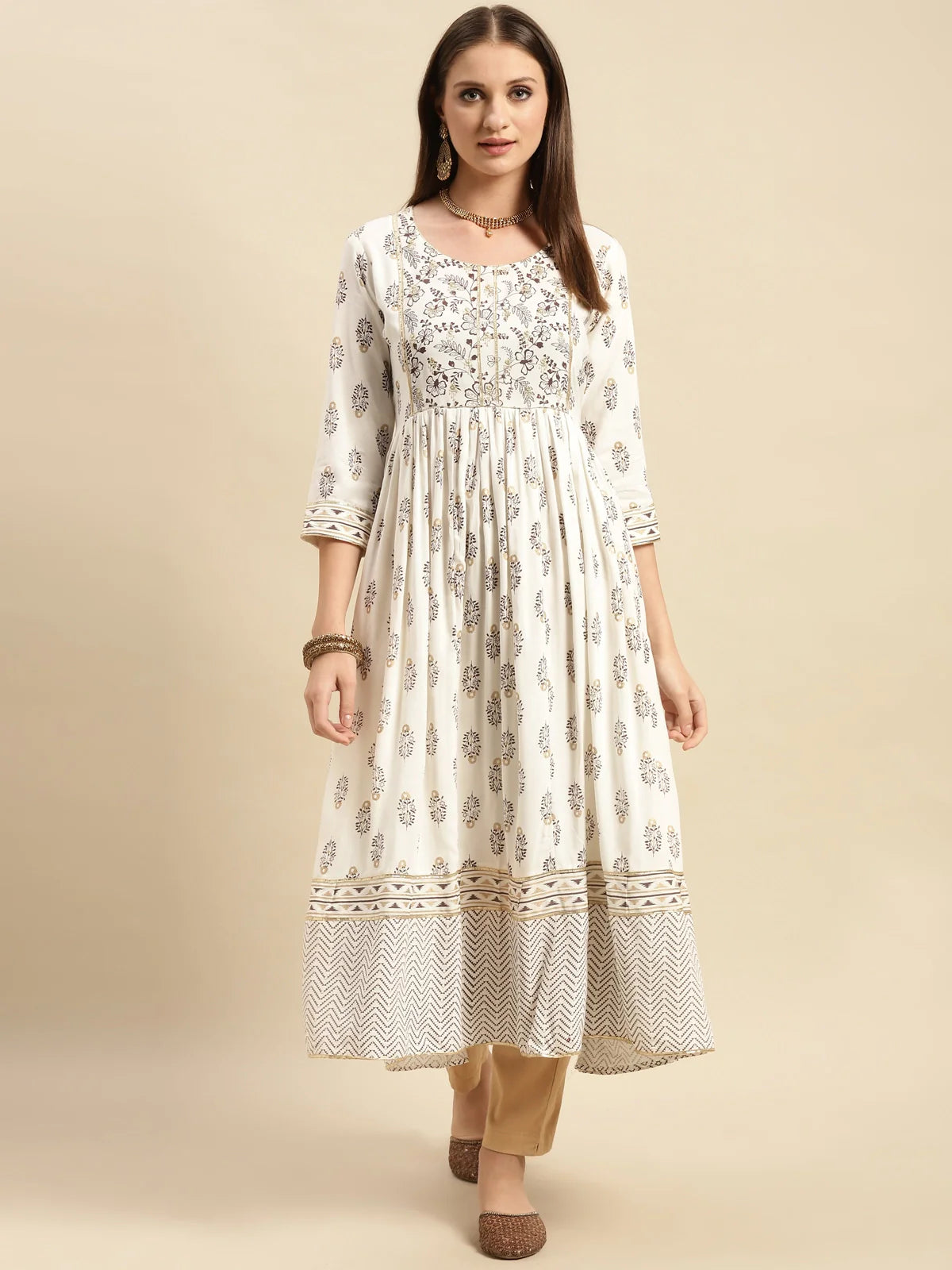 Buy Rayon Embellished Yoke Printed Calf Length Anarkali Kurta-Cream