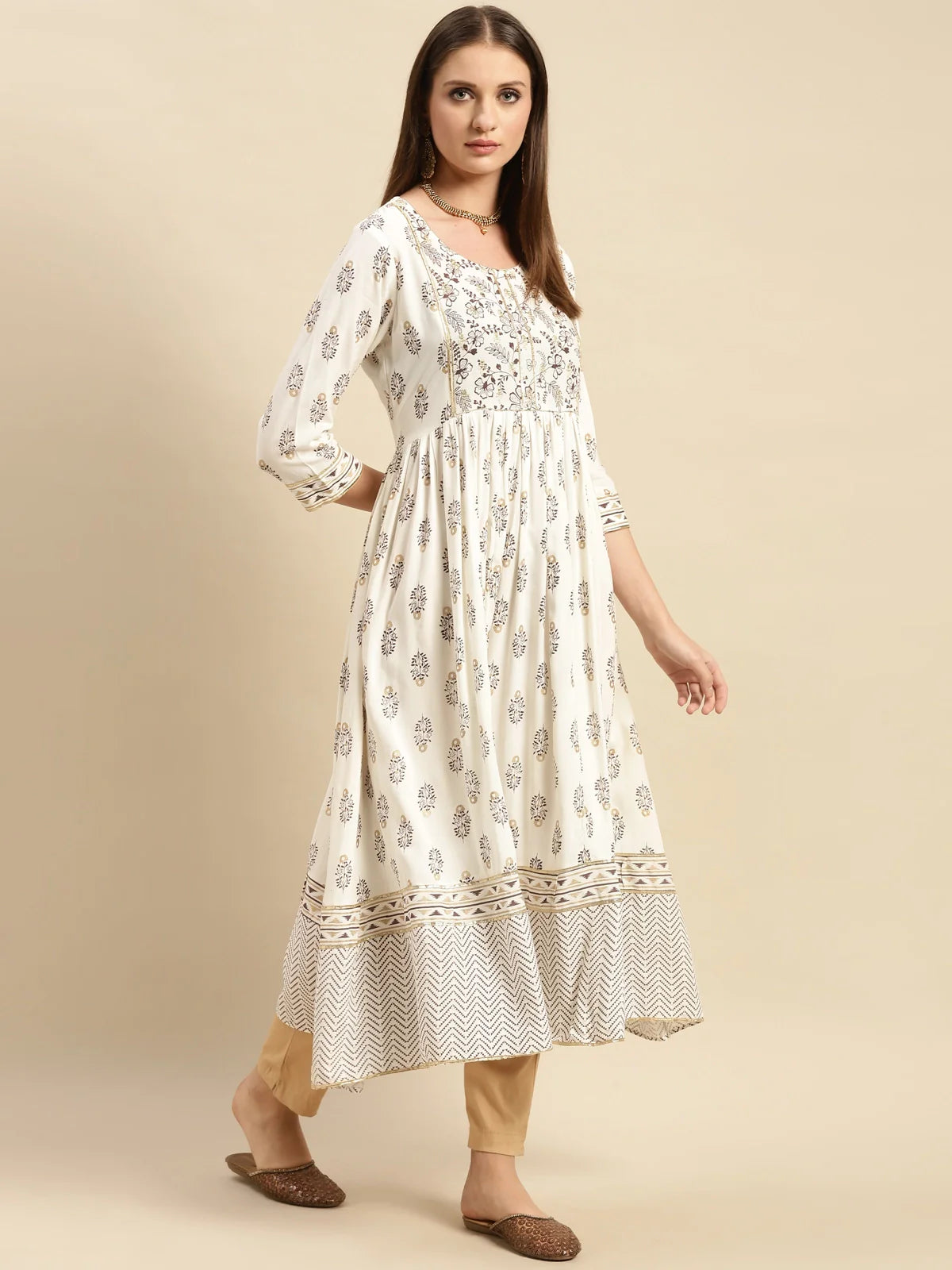 Buy Rayon Embellished Yoke Printed Calf Length Anarkali Kurta-Cream