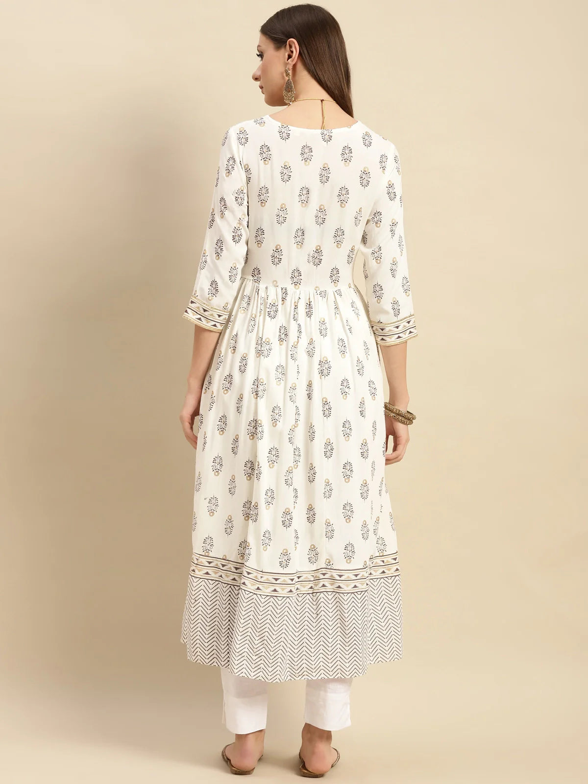 Buy Rayon Embellished Yoke Printed Calf Length Anarkali Kurta-Cream