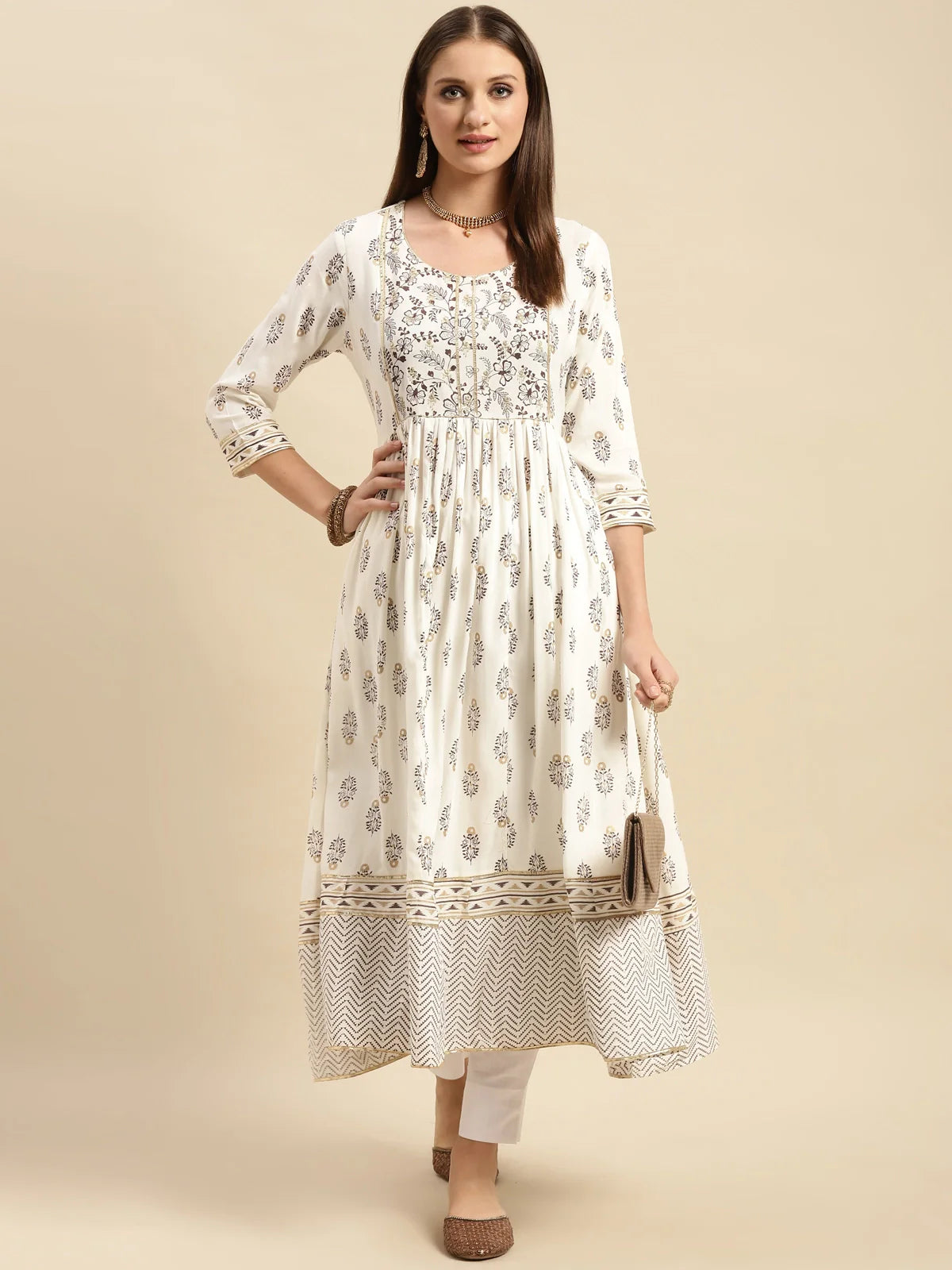 Buy Rayon Embellished Yoke Printed Calf Length Anarkali Kurta-Cream