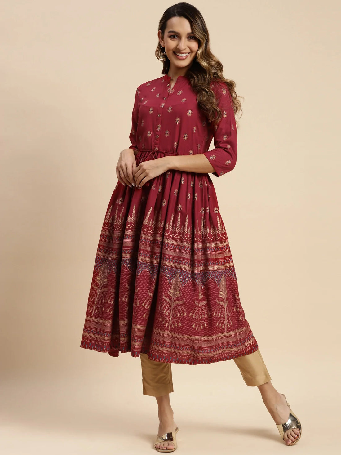 Buy Rayon Gold Printed Calf Length Kurta Gathered At Waist-Maroon