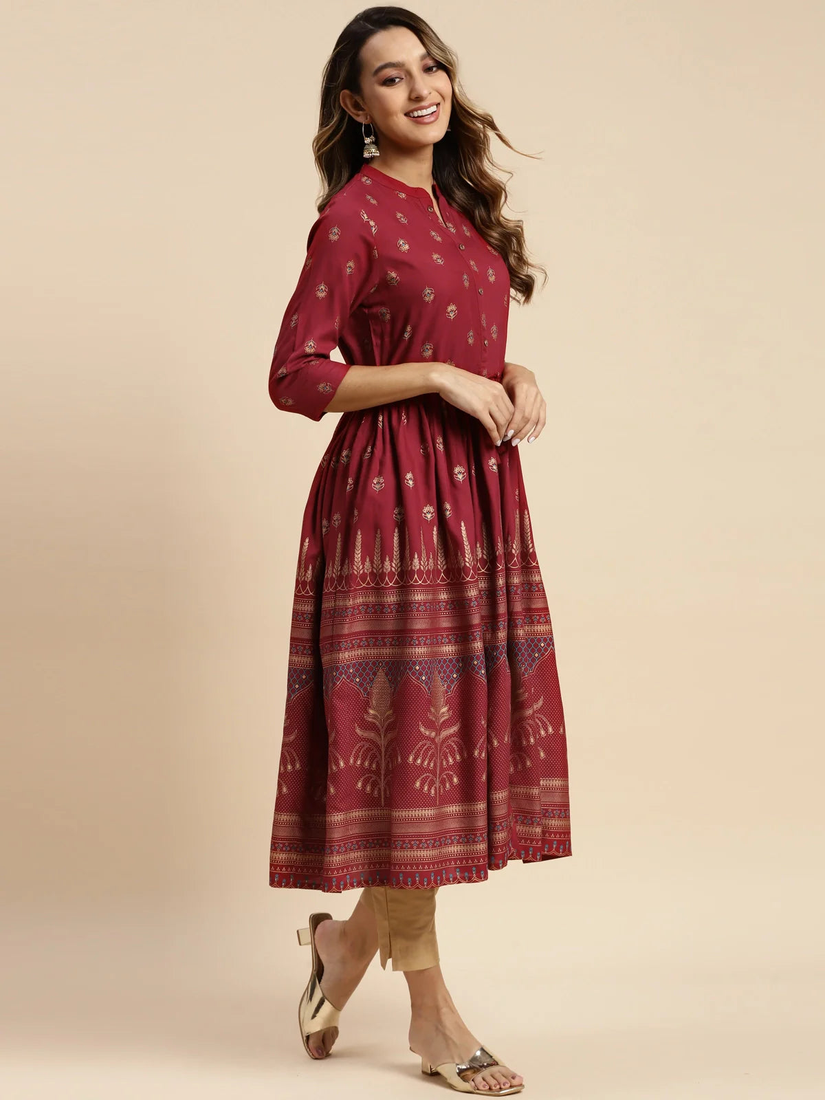 Buy Rayon Gold Printed Calf Length Kurta Gathered At Waist-Maroon