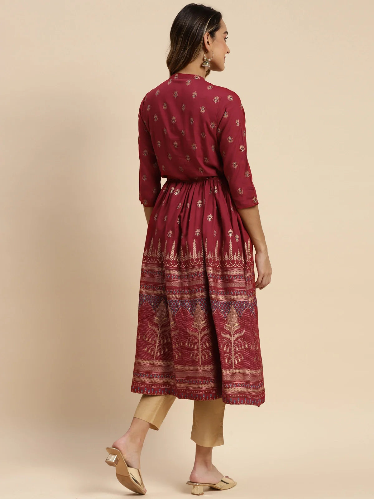 Buy Rayon Gold Printed Calf Length Kurta Gathered At Waist-Maroon