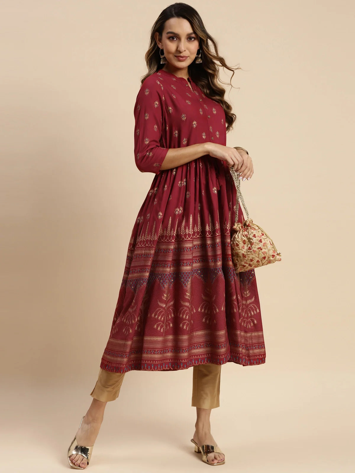 Buy Rayon Gold Printed Calf Length Kurta Gathered At Waist-Maroon